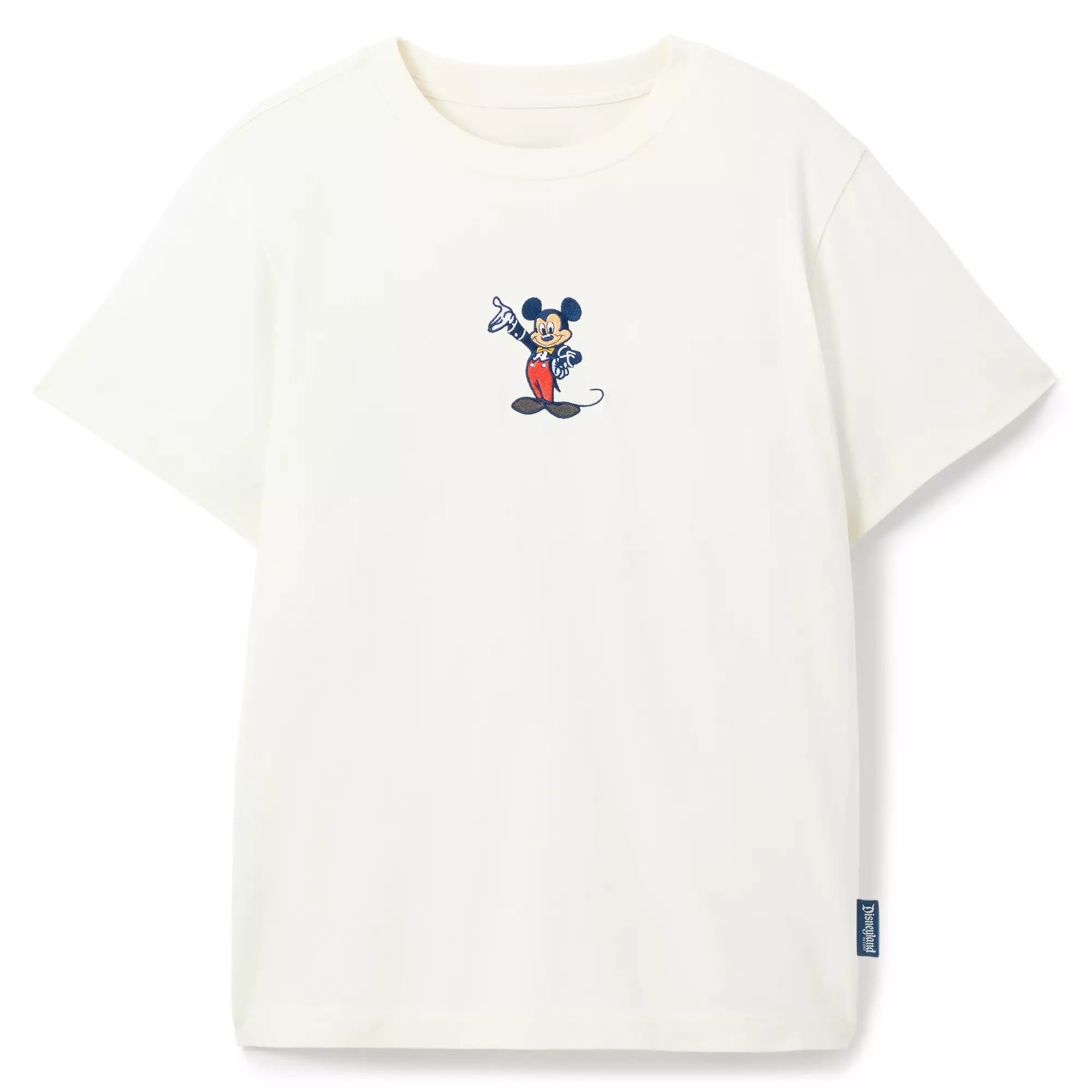 White T-shirt featuring a small graphic of Mickey from the Maps Collection waving on the chest.