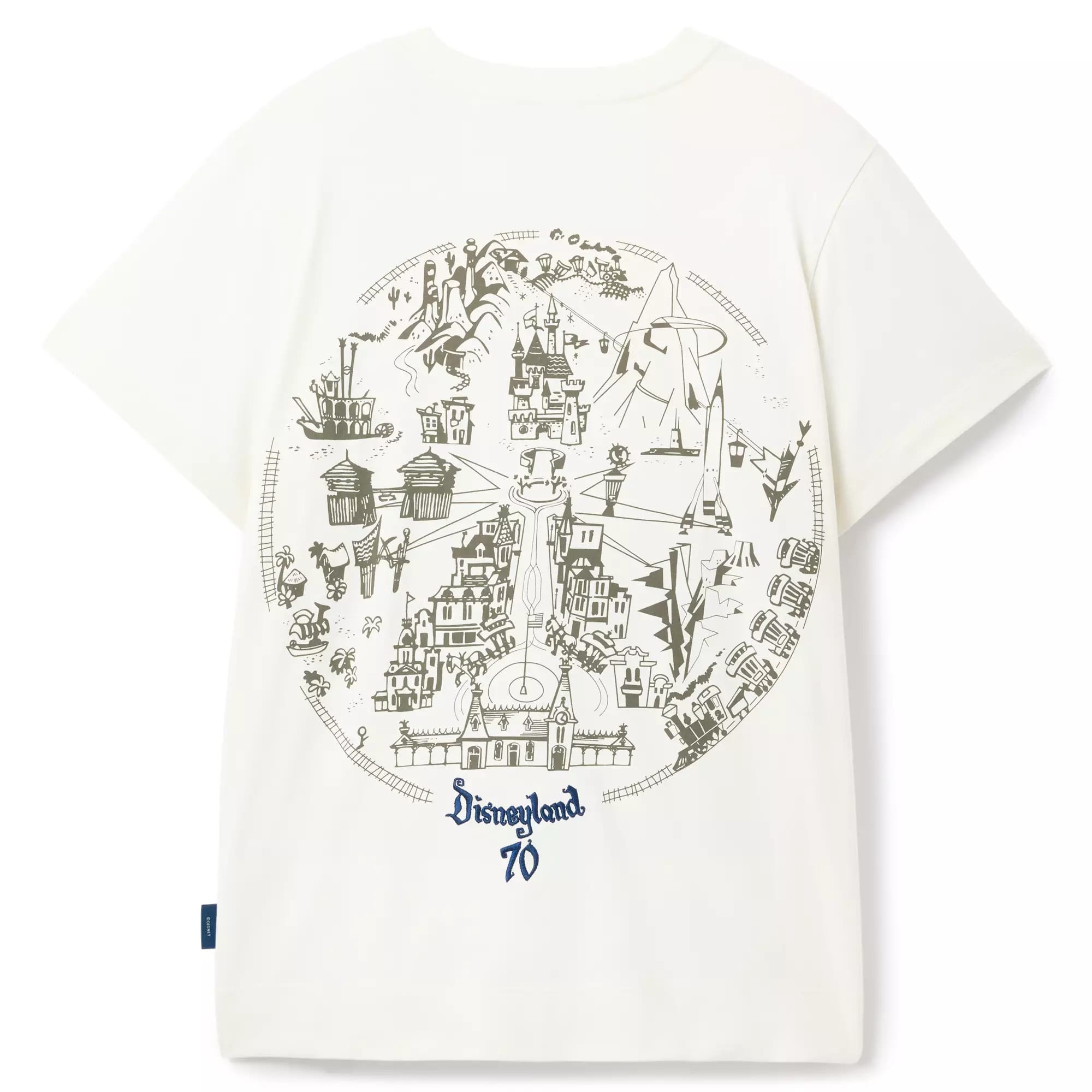 White T-shirt from the Maps Collection featuring a circular Disneyland 70th Anniversary design with Mickey and park attractions on back.