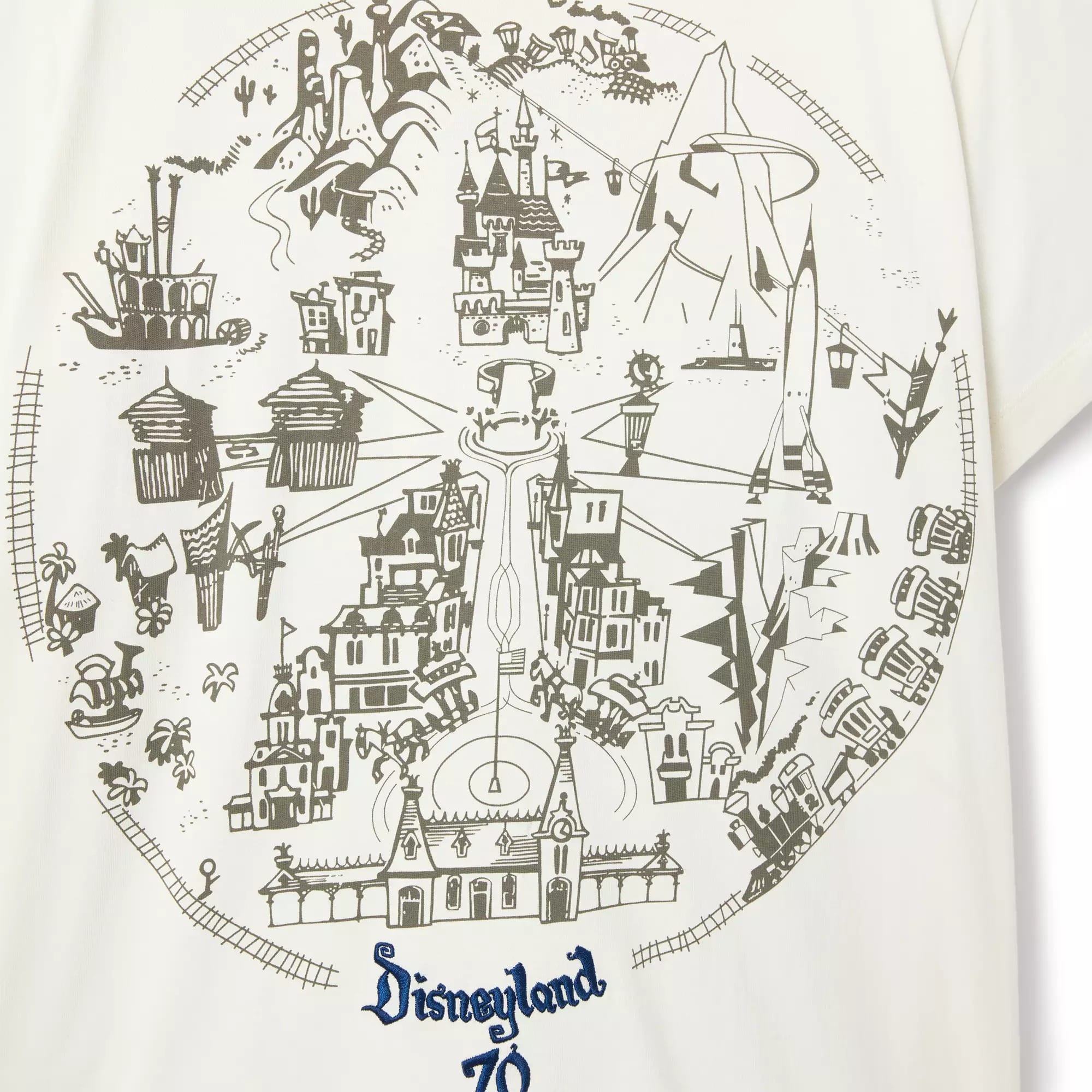 Black and white illustrated map of Disneyland landmarks, part of the Disneyland 70th Anniversary Maps Collection.