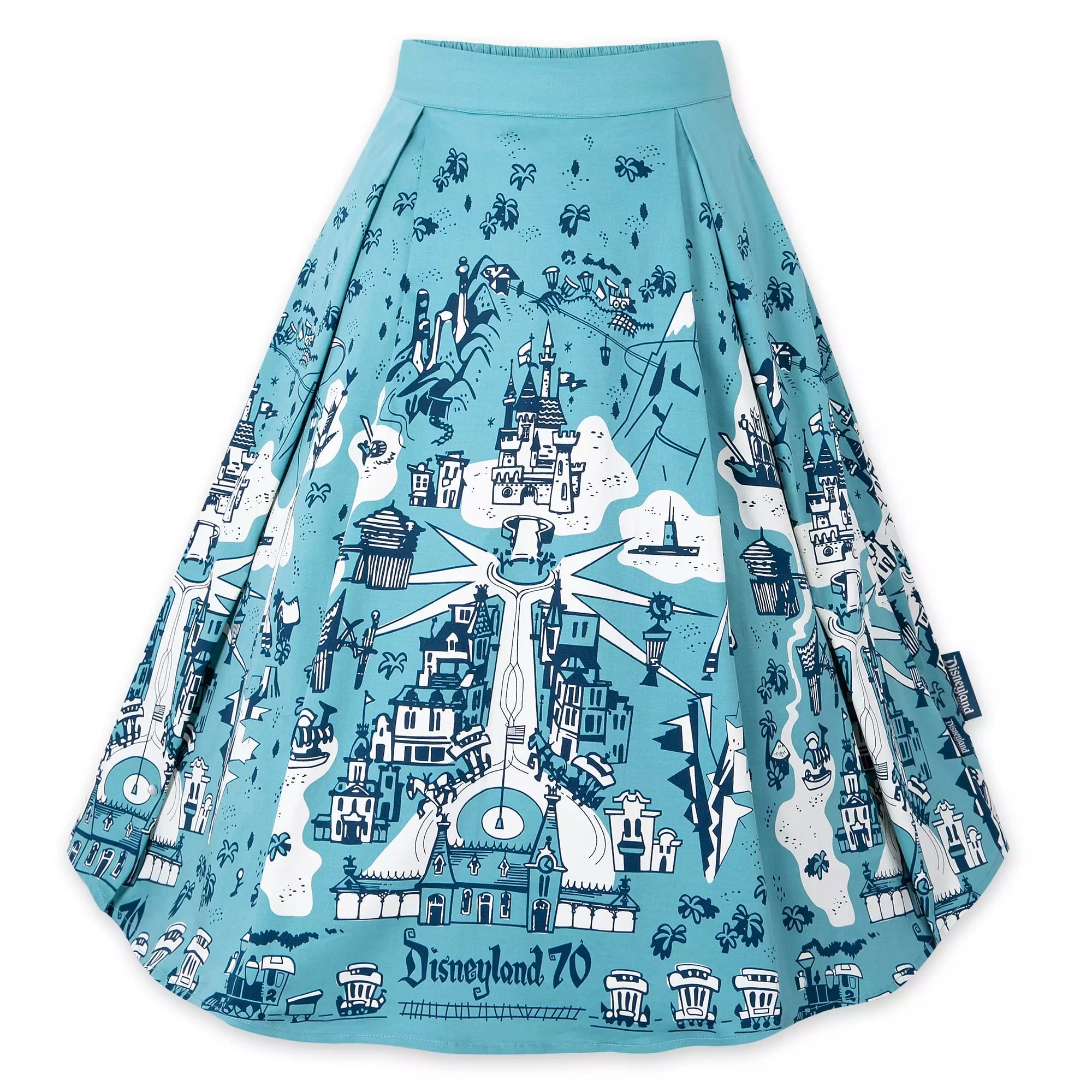 A blue skirt from the Maps Collection featuring a vintage Disneyland map pattern and “Disneyland 70” at the hem.
