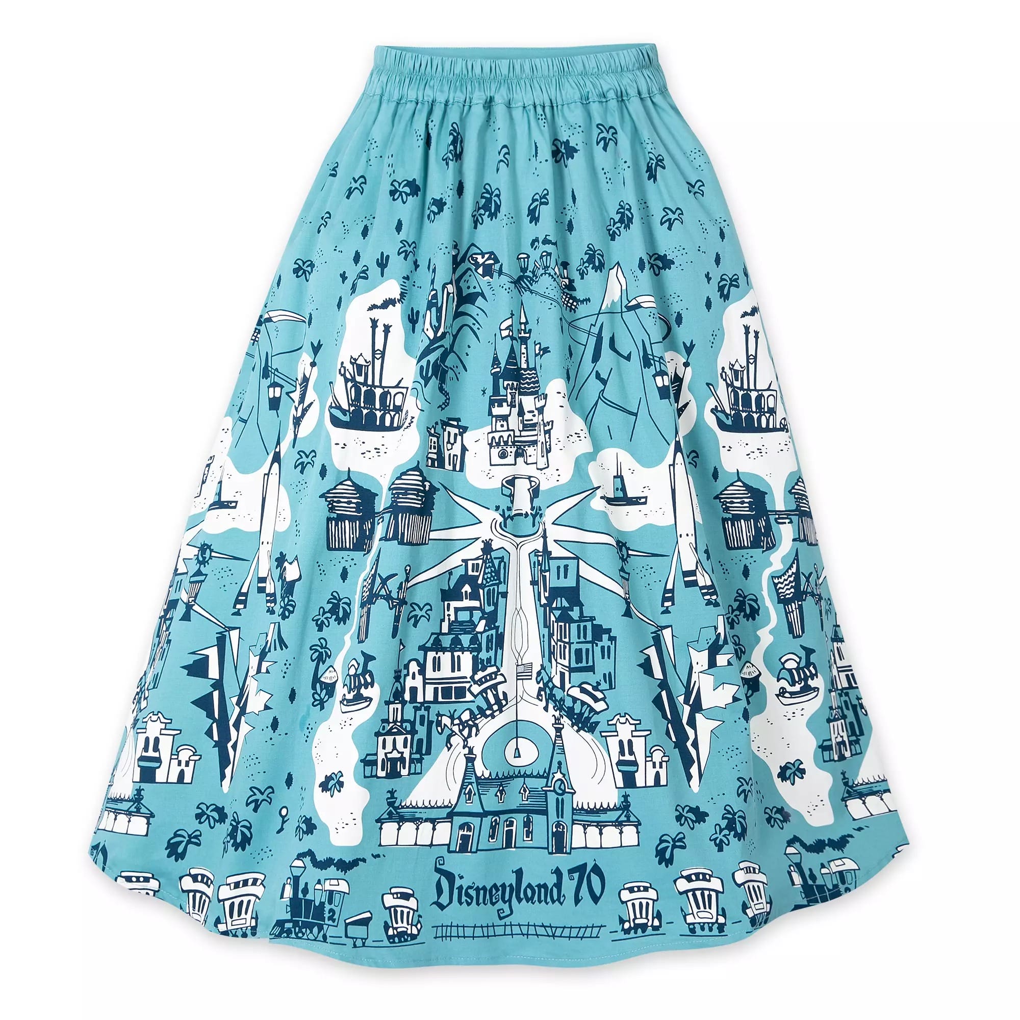 A blue skirt from the Disneyland 70th Anniversary Maps Collection, featuring Mickey and iconic park map illustrations.