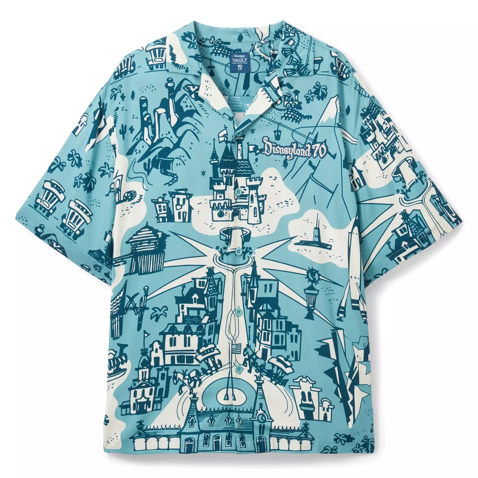 Blue short-sleeve shirt from the Maps Collection with Disneyland 70th Anniversary map illustrations and Mickey landmarks.