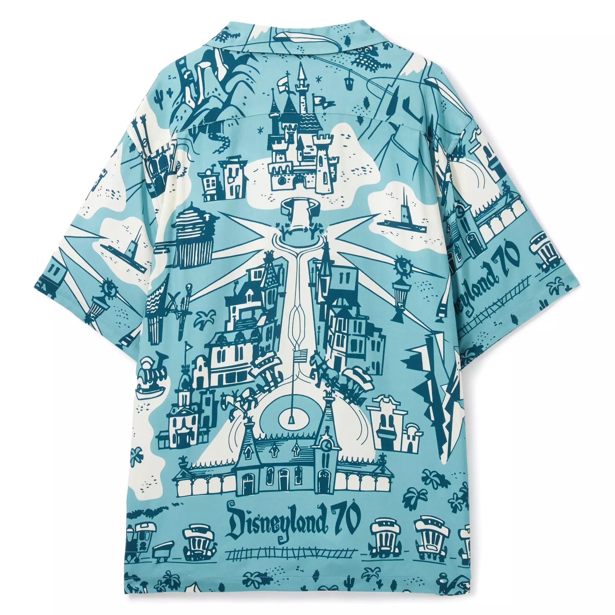 Blue short-sleeve shirt with illustrated Disneyland attractions, Mickey, and "Disneyland 70" text in a retro style.