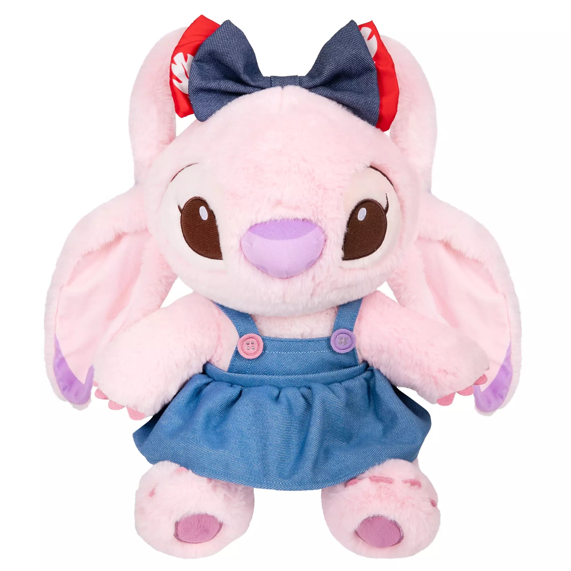 Plush pink bunny with large ears, wearing a blue dress and bow, like an Angel plush from Disney Store China.