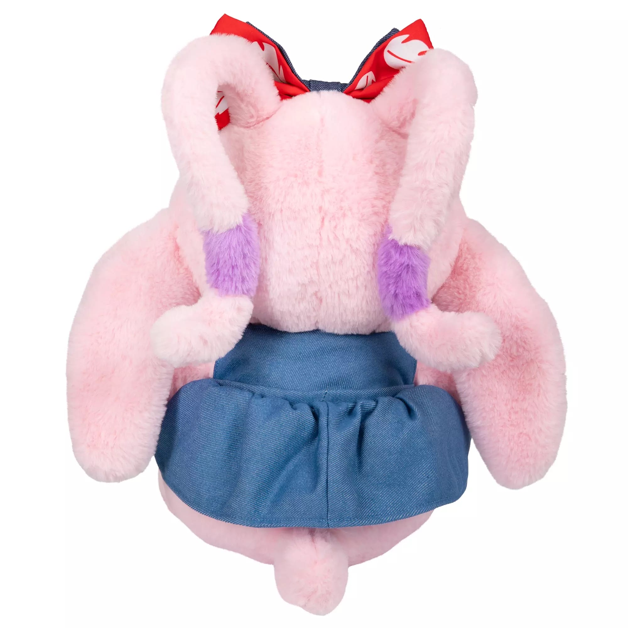 Plush pink bunny with floppy ears, like an Angel plush, in a blue dress and red bow, shown from the back.