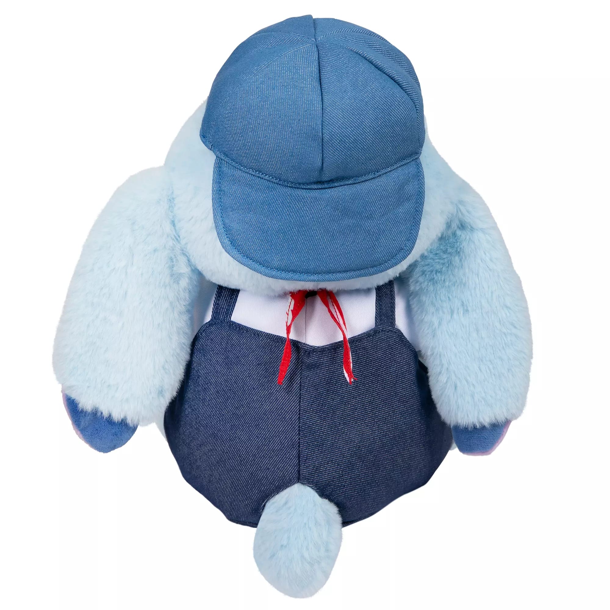 Plush blue Stitch plush wearing a denim hat and overalls, shown from the back against a white background.