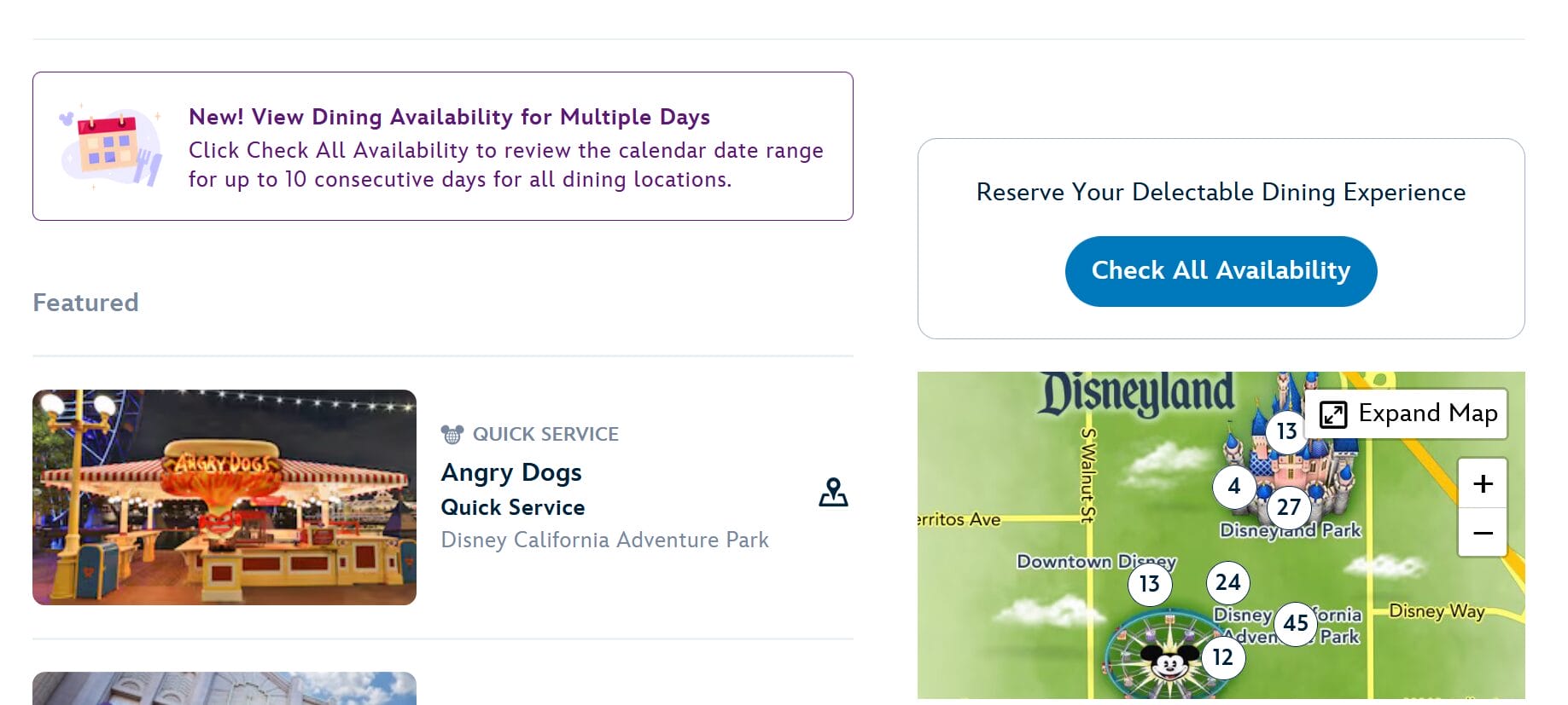 Screenshot of Disneyland dining page with Angry Dogs quick service and a map of numbered dining reservation locations.