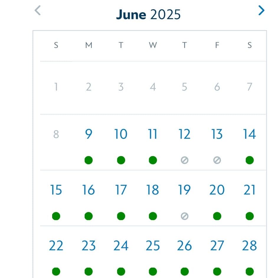 A mobile screen displays a June 2025 Disney dining reservation calendar with green dots for most days.