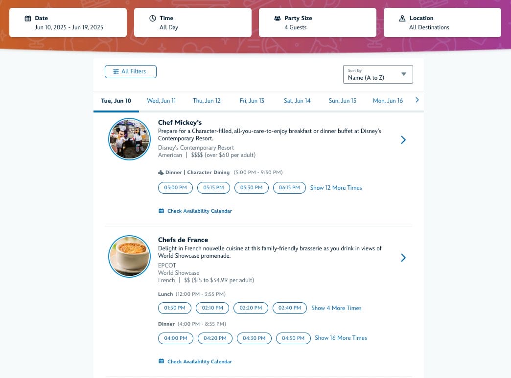 A Disney dining reservation page at Walt Disney World shows Chef Mickey’s and Chefs de France options with times and details.