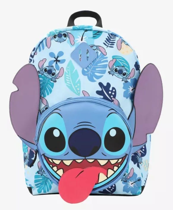 Blue backpack featuring Lilo & Stitch's Stitch, with large ears—a fun piece of apparel for fans and collectors of merchandise.
