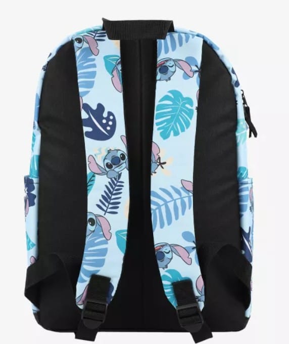 Light blue backpack with tropical leaf patterns, Lilo & Stitch character, black straps, and side pockets.