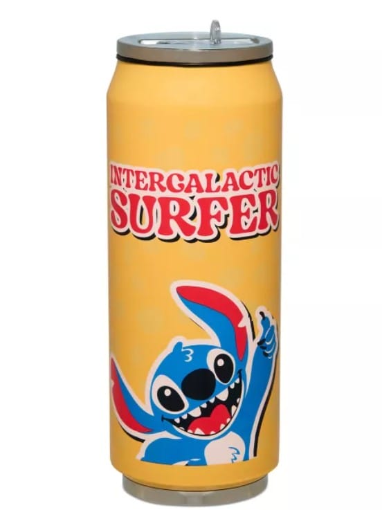 Yellow can with "Intergalactic Surfer" text and smiling Stitch, perfect Lilo & Stitch merchandise for any fan.