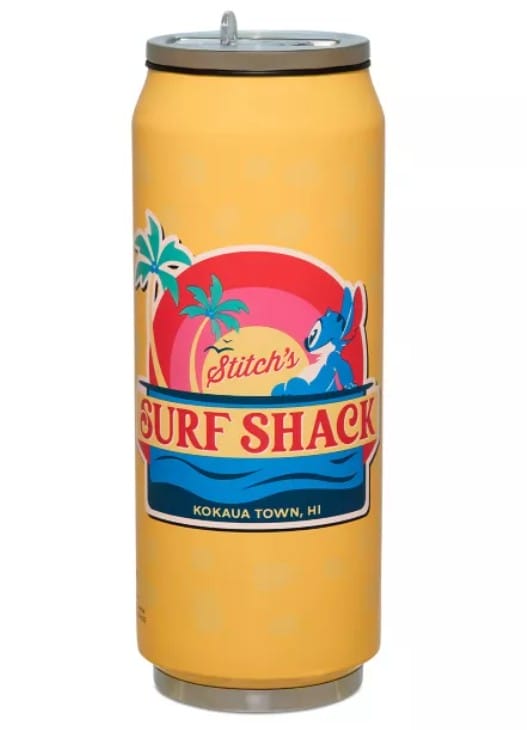 Tall yellow tumbler featuring Lilo & Stitch, palm trees, and "Stitch's Surf Shack"—a Spencer's exclusive!