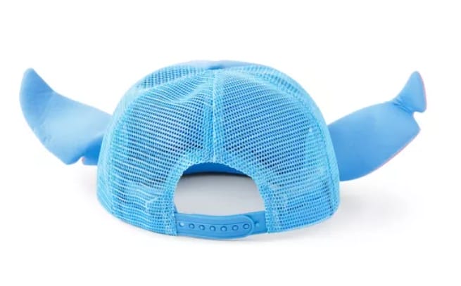 Blue mesh cap with two soft horns, inspired by Lilo & Stitch apparel, viewed from the back against a white background.