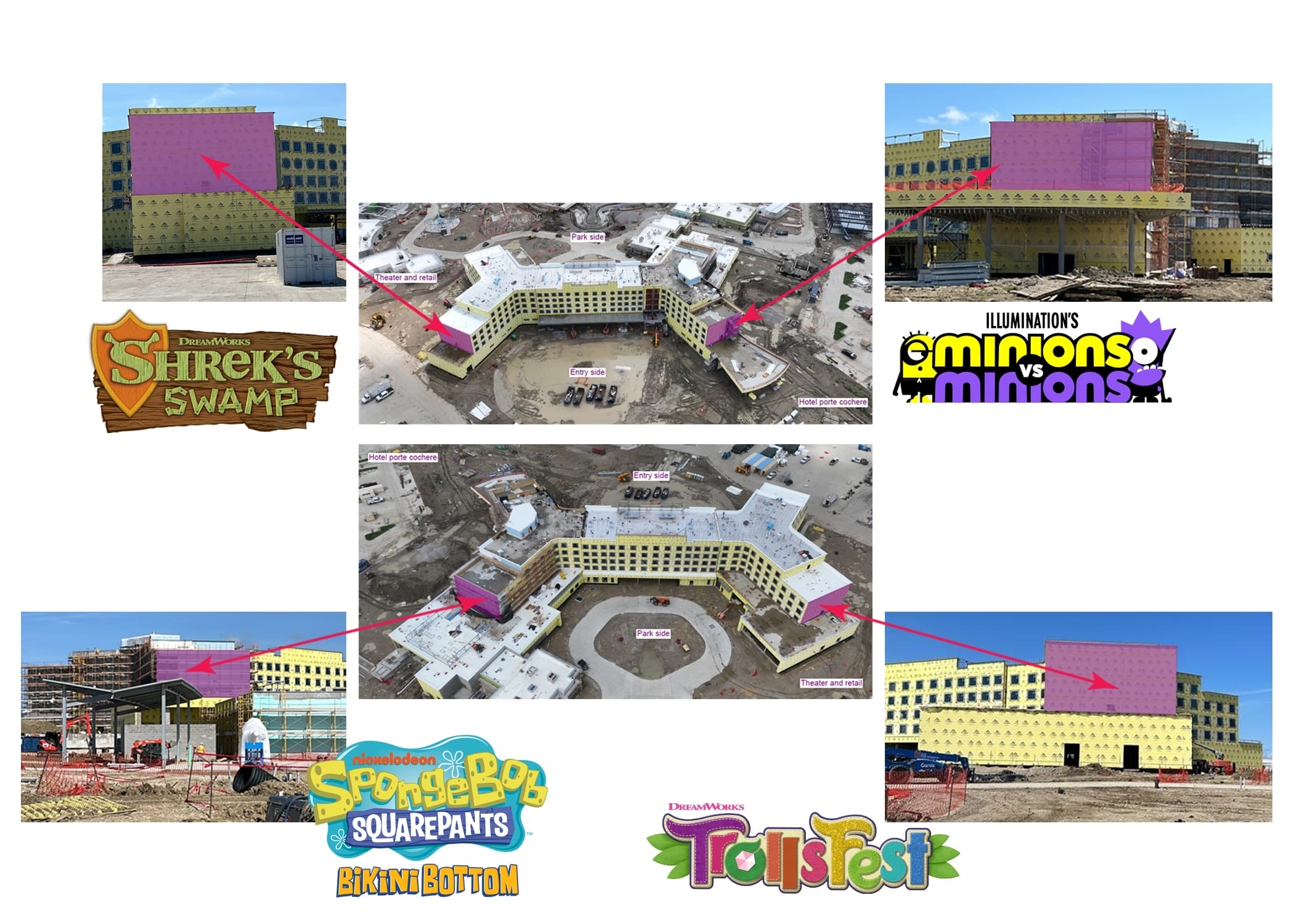Aerial and ground photos of the Universal Kids Resort hotel tied to themed lands like Shrek and SpongeBob.