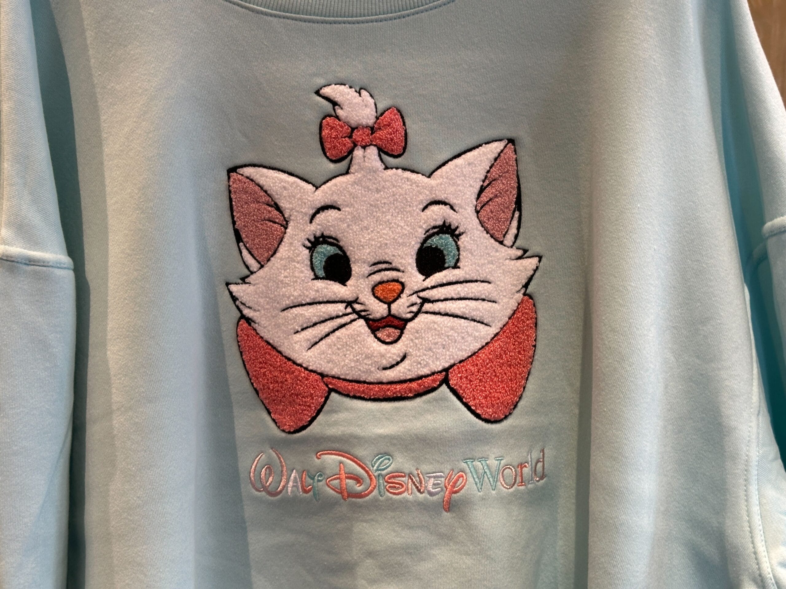 Light blue character sweatshirt featuring embroidered Marie the cat and "Walt Disney World" text. New Arrivals!