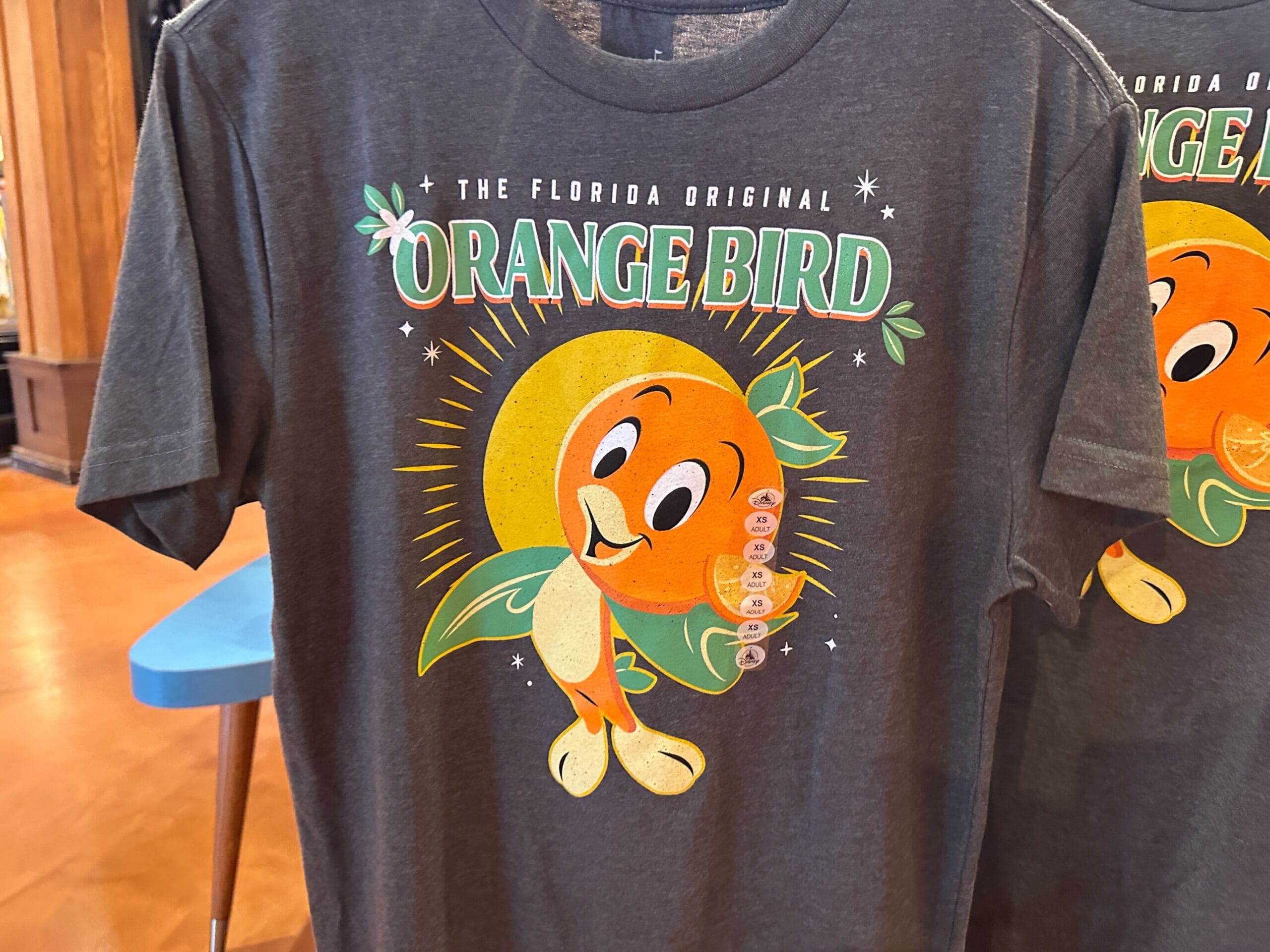 Gray t-shirt featuring Orange Bird with leaves, sun rays, and the text "The Florida Original Orange Bird" above the character.