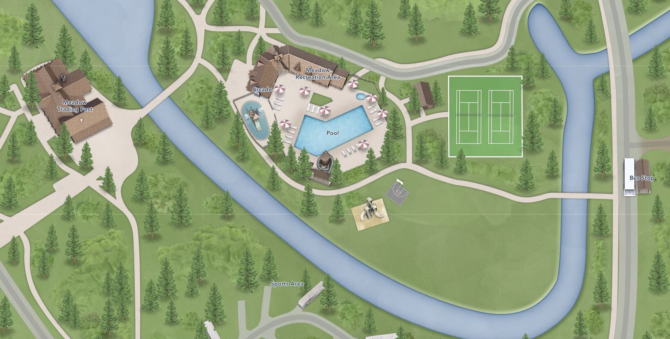 Illustrated map featuring the Fort Wilderness Resort pool, tennis courts, playground, and buildings near a tree-lined river.