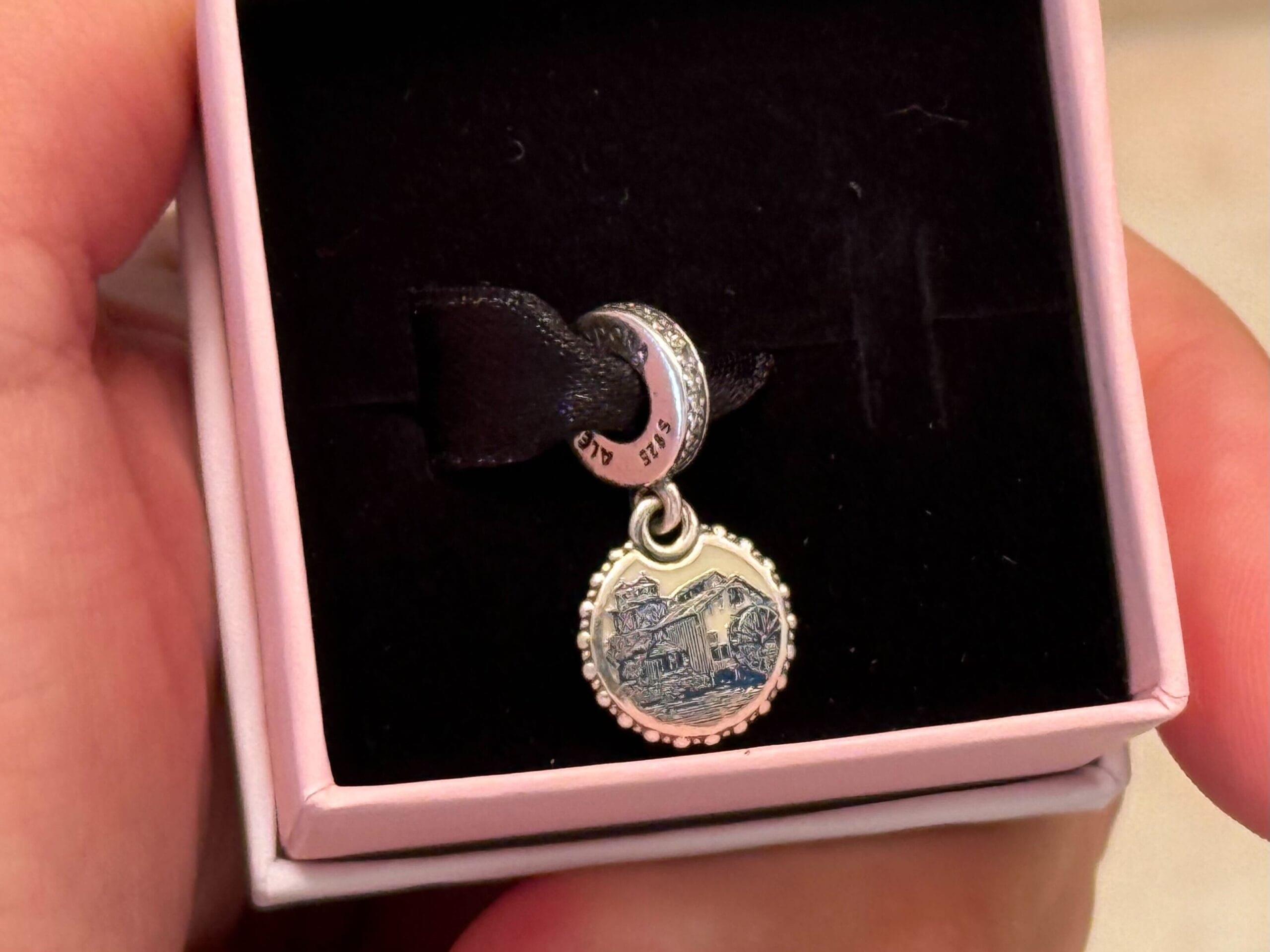 A silver charm with an engraved scene in a jewelry box, held by a hand.