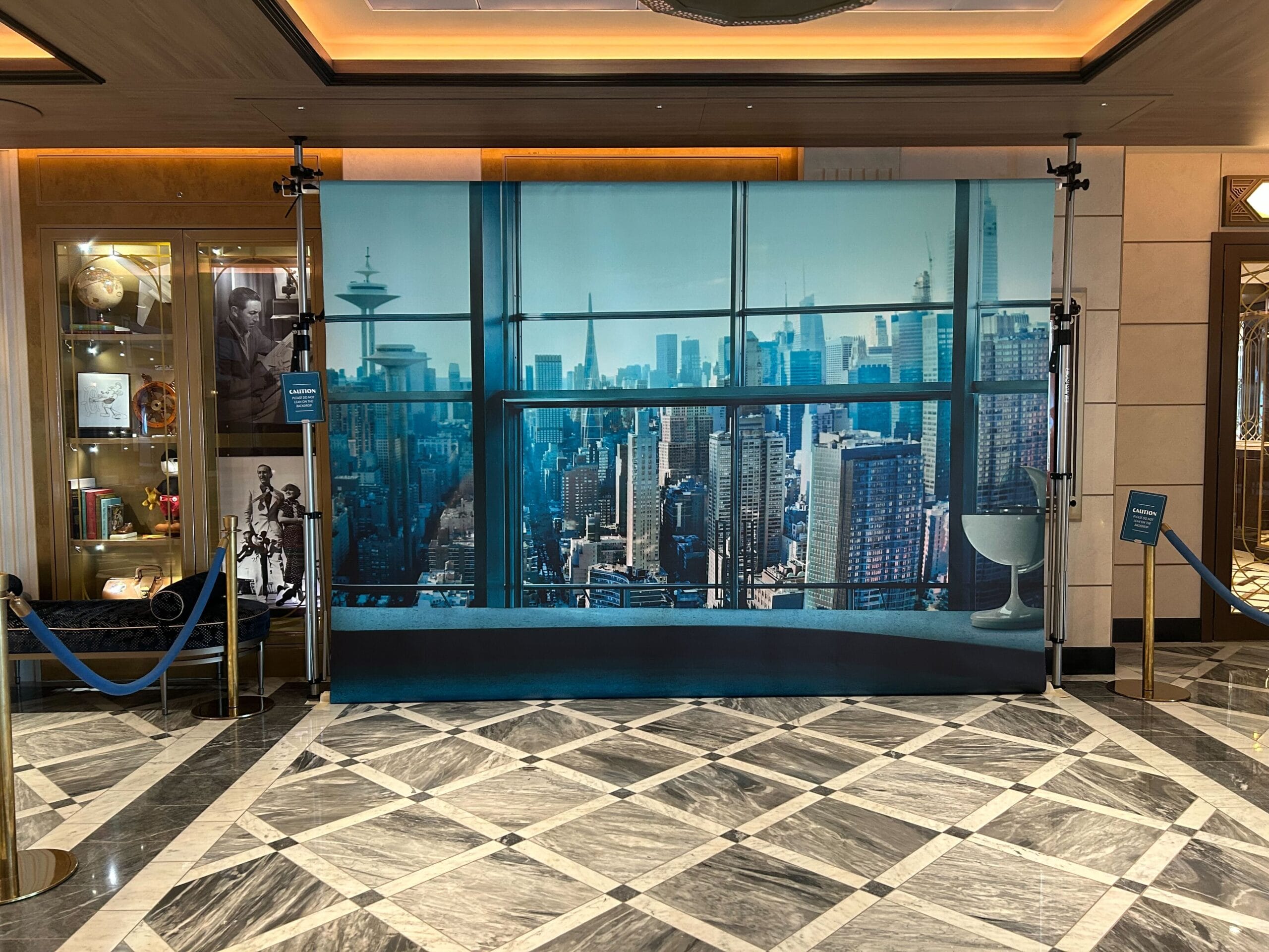 A city skyline backdrop with a large window and modern marble floors, inspired by the Fantastic Four.