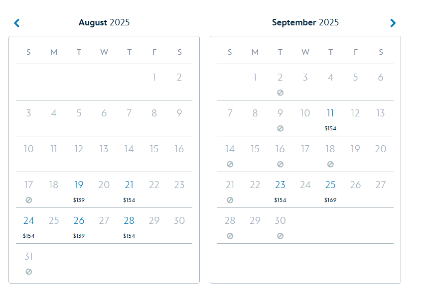 Two-month Oogie Boogie Bash 2025 calendar for August and September shows flight prices to Disney California Adventure's , $154–$169.