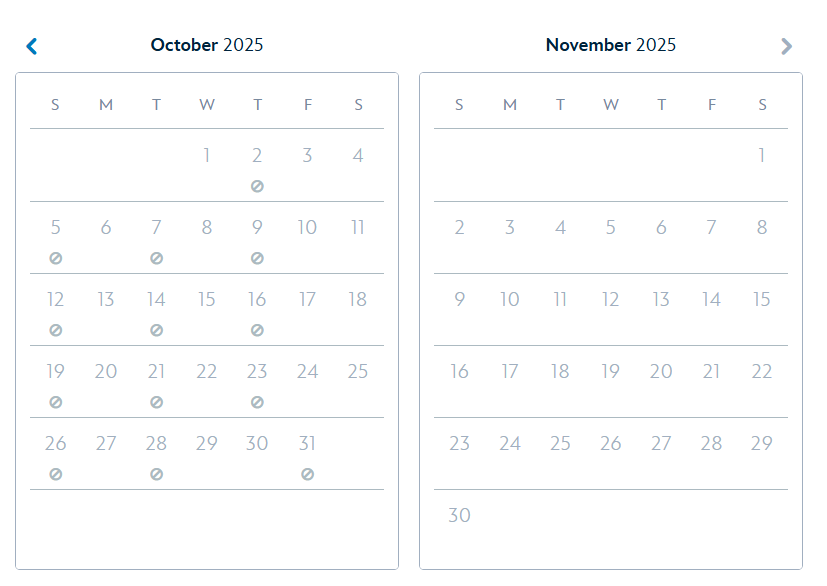 Side-by-side calendars for October and November 2025, perfect for planning Disney California Adventure or Oogie Boogie Bash 2025 dates.