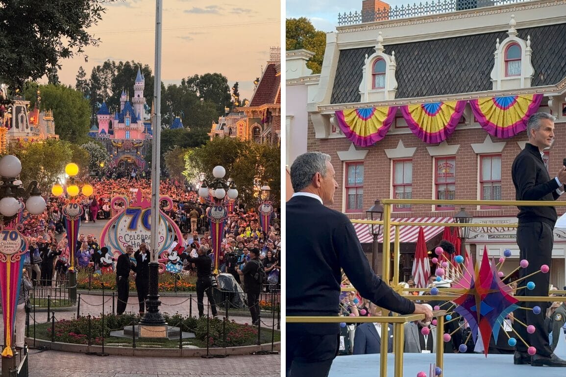 Left: A large crowd gathers at Disneyland’s 70th Anniversary. Right: Man speaks on a decorated ceremony stage.