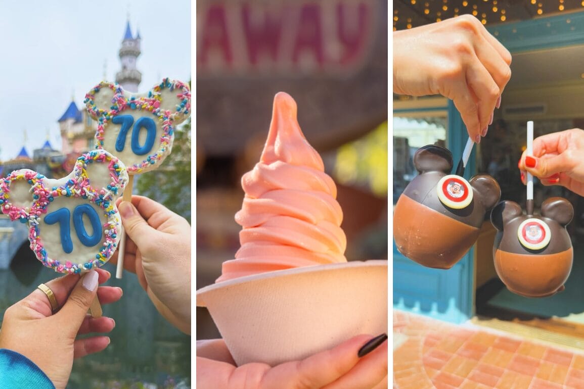 Three photos: Disneyland 70th Anniversary treats, a cup of DOLE Whip soft serve, and Mickey caramel apples held by hands.