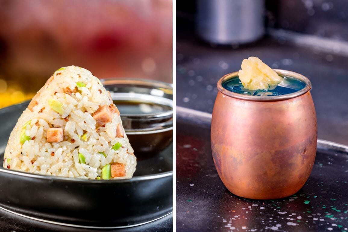 A rice ball with veggies and a blue drink, served on a dark tray at Star Wars: Galaxy’s Edge in Disneyland.