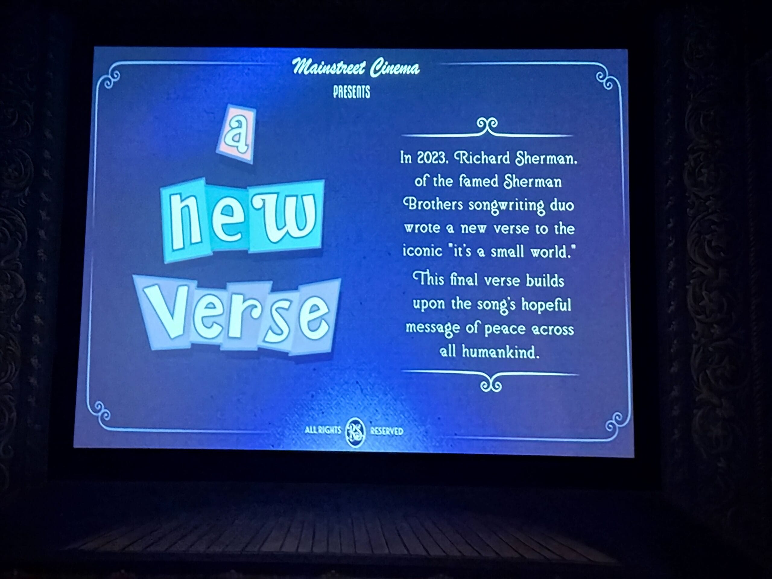 Main Street Cinema features a Sherman Brothers Tribute for “A New Verse” of “it’s a small world” at Disneyland 70.