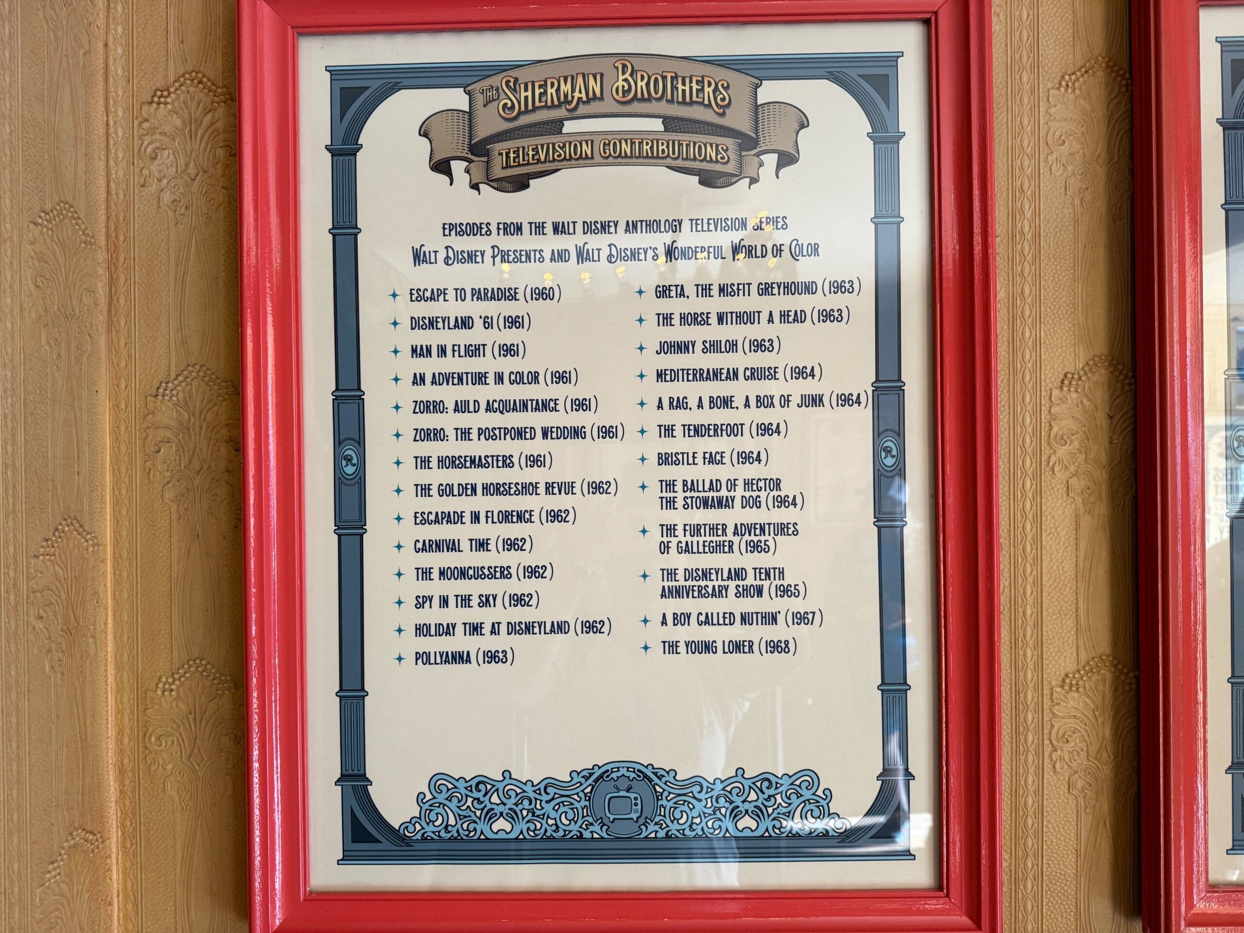 Framed list titled "Sherman Brothers Television Contributions" featured in a Sherman Brothers Tribute at Main Street Cinema.