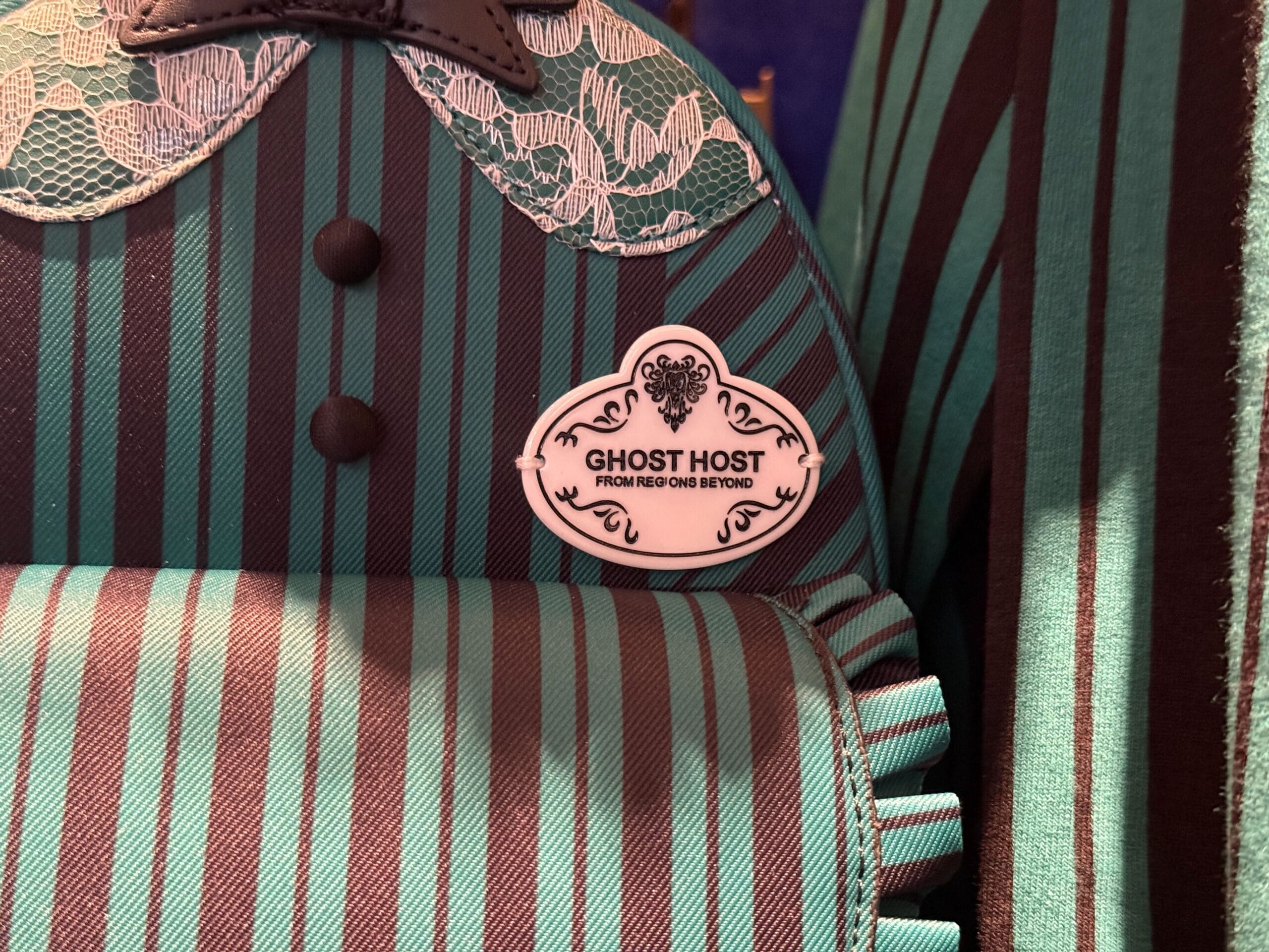 A striped teal and black fabric with a Disneyland "Ghost Host From Regions Beyond" name tag pinned to it.