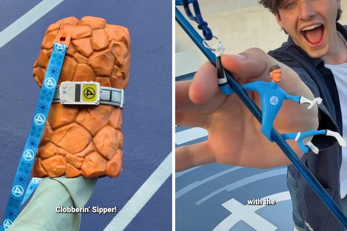 A hand holds a Thing Sipper cup; another grips a Mr. Fantastic lanyard at Disneyland Resort.