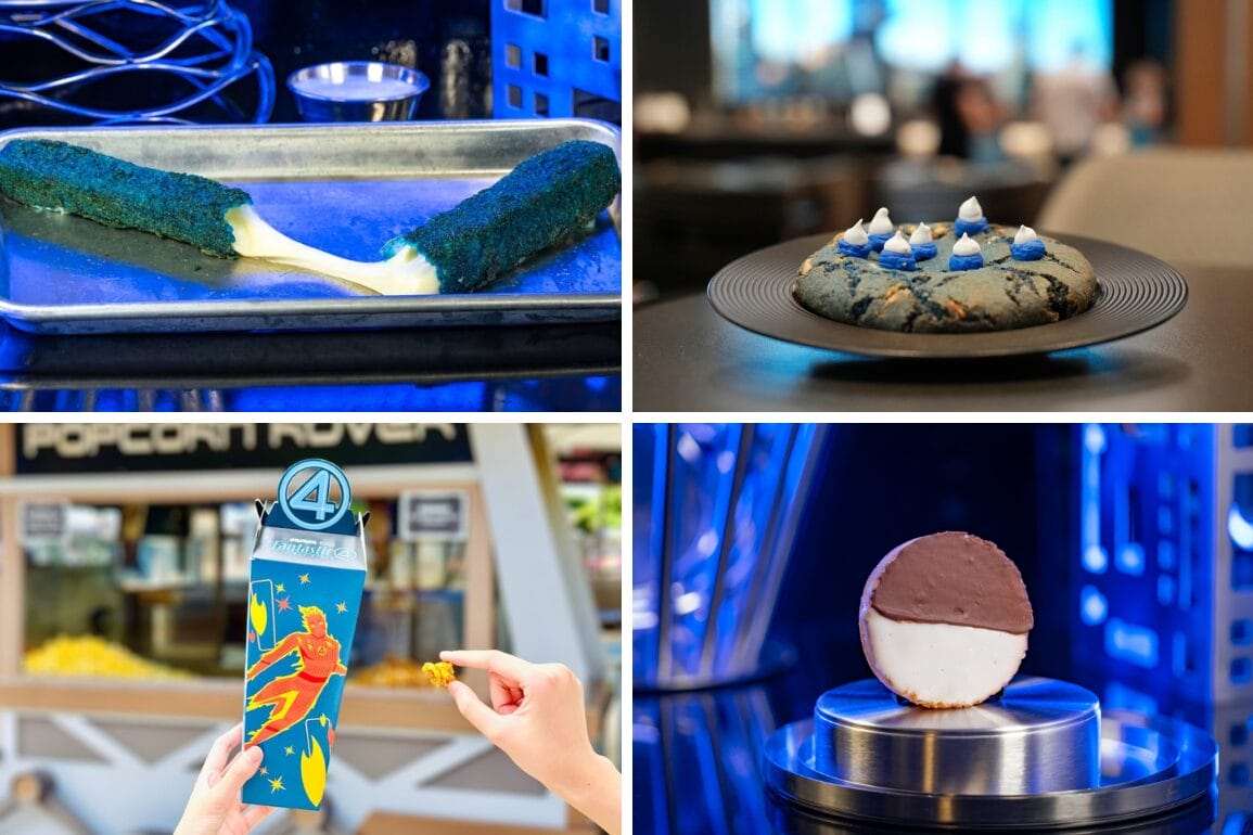 A collage of Food and Beverages: cheesy bread, blue cookie, popcorn box, and a Fantastic Four chocolate-covered treat.