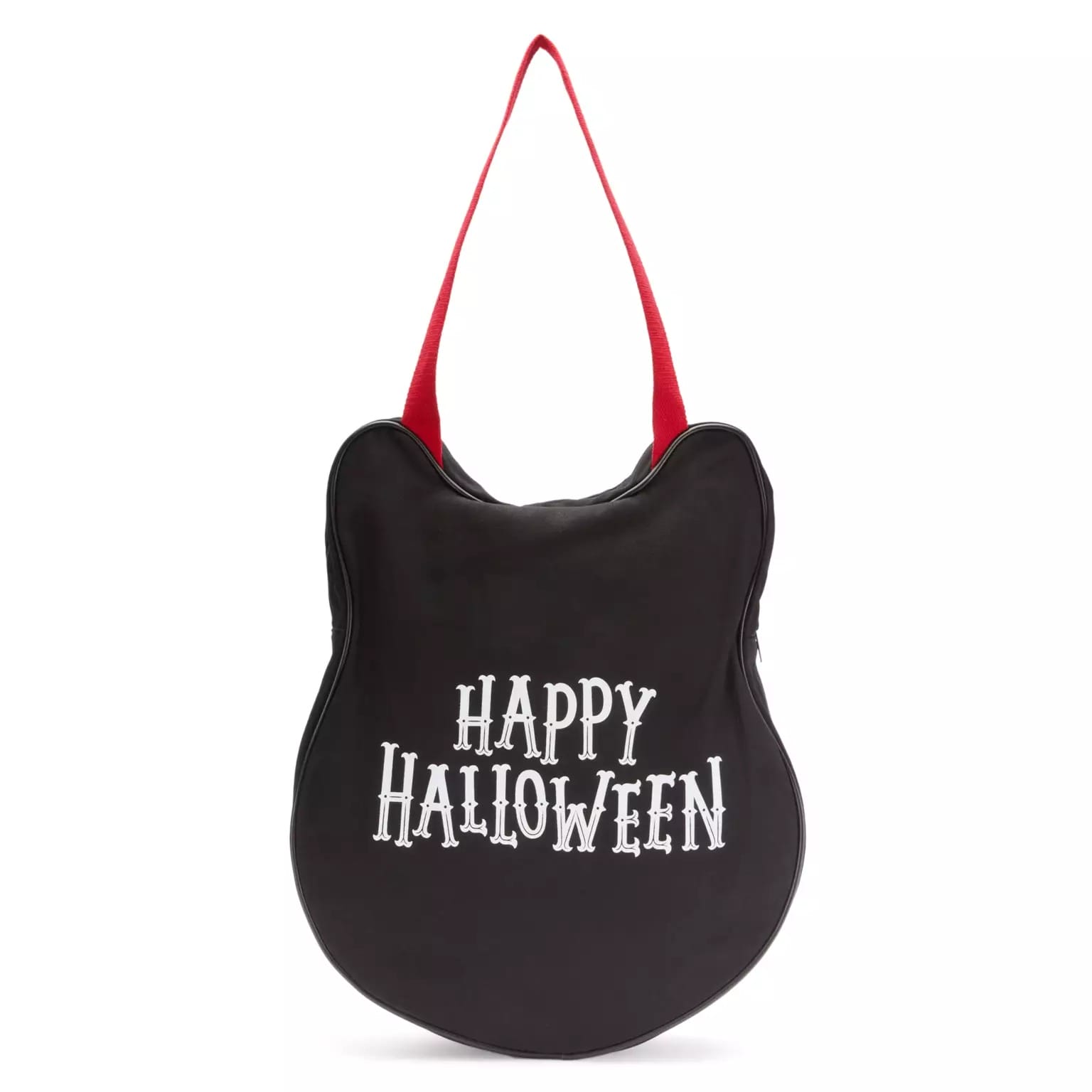 Black bag with red strap, cat-head shape, features “Happy Halloween”—part of new Disney Store Halloween merchandise.