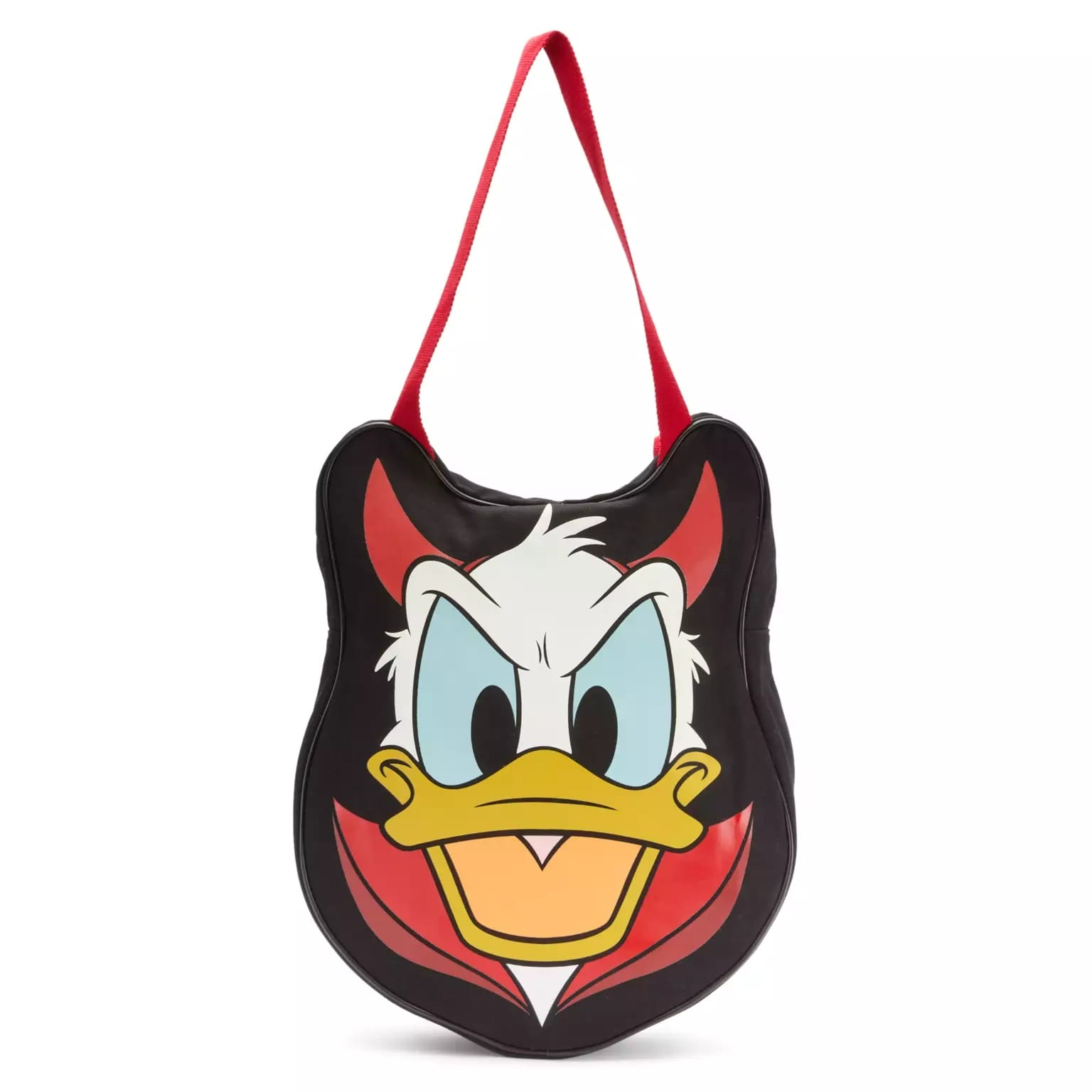 Bag shaped like Donald Duck’s face with a red strap and mischievous, angry expression—perfect for Disney Store Halloween.