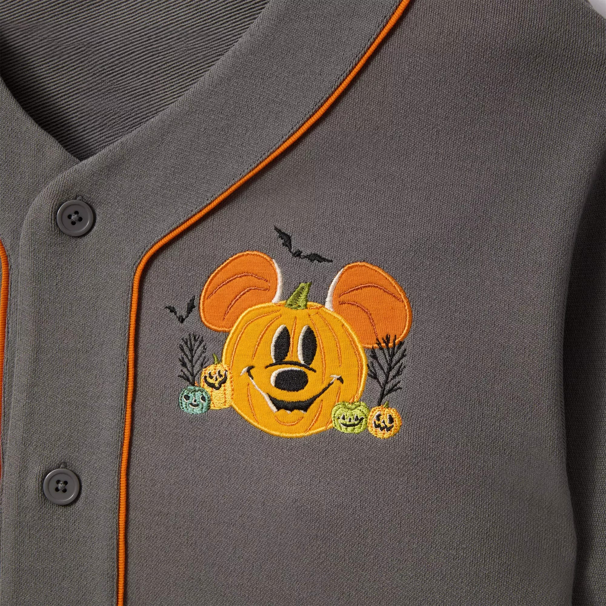 Gray shirt with orange trim, featuring a Disney Store Halloween pumpkin with mouse ears, bats, and embroidered pumpkins.