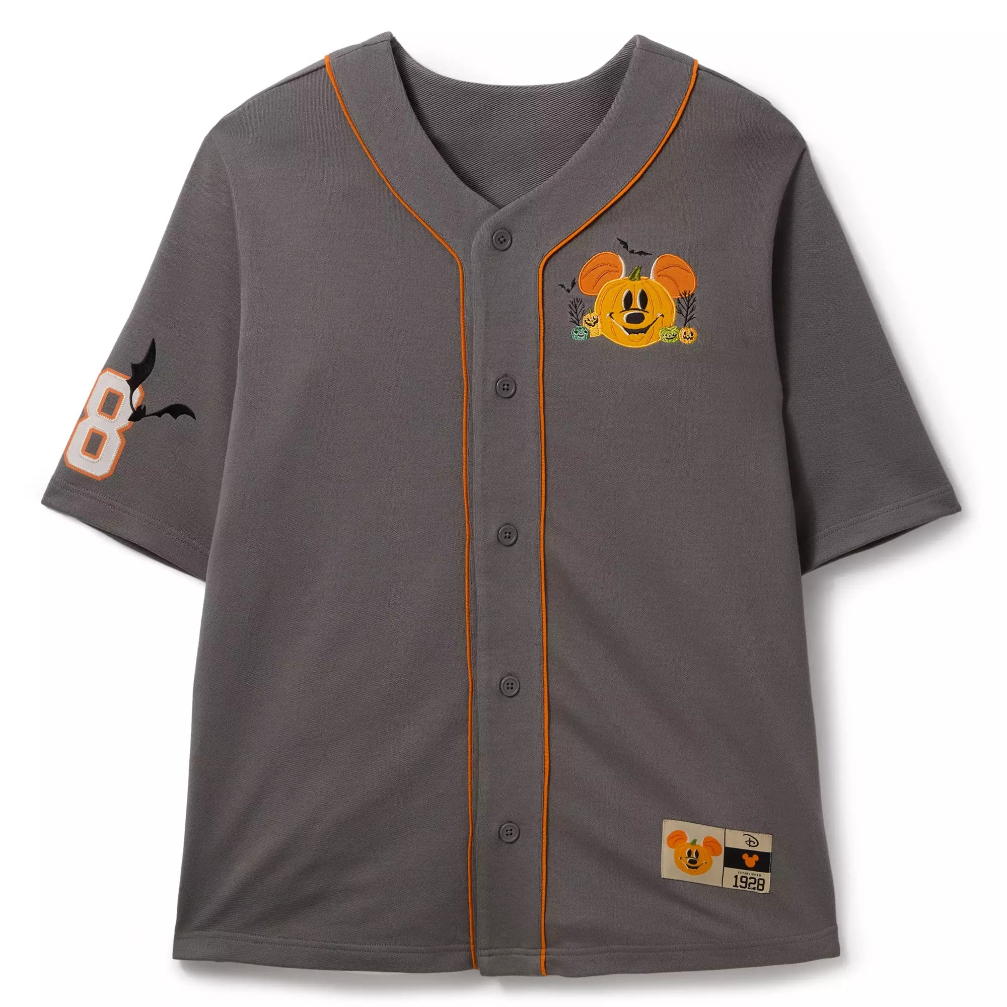 Gray baseball jersey with orange piping, featuring a Mickey pumpkin graphic from new Disney Halloween merchandise 2025.