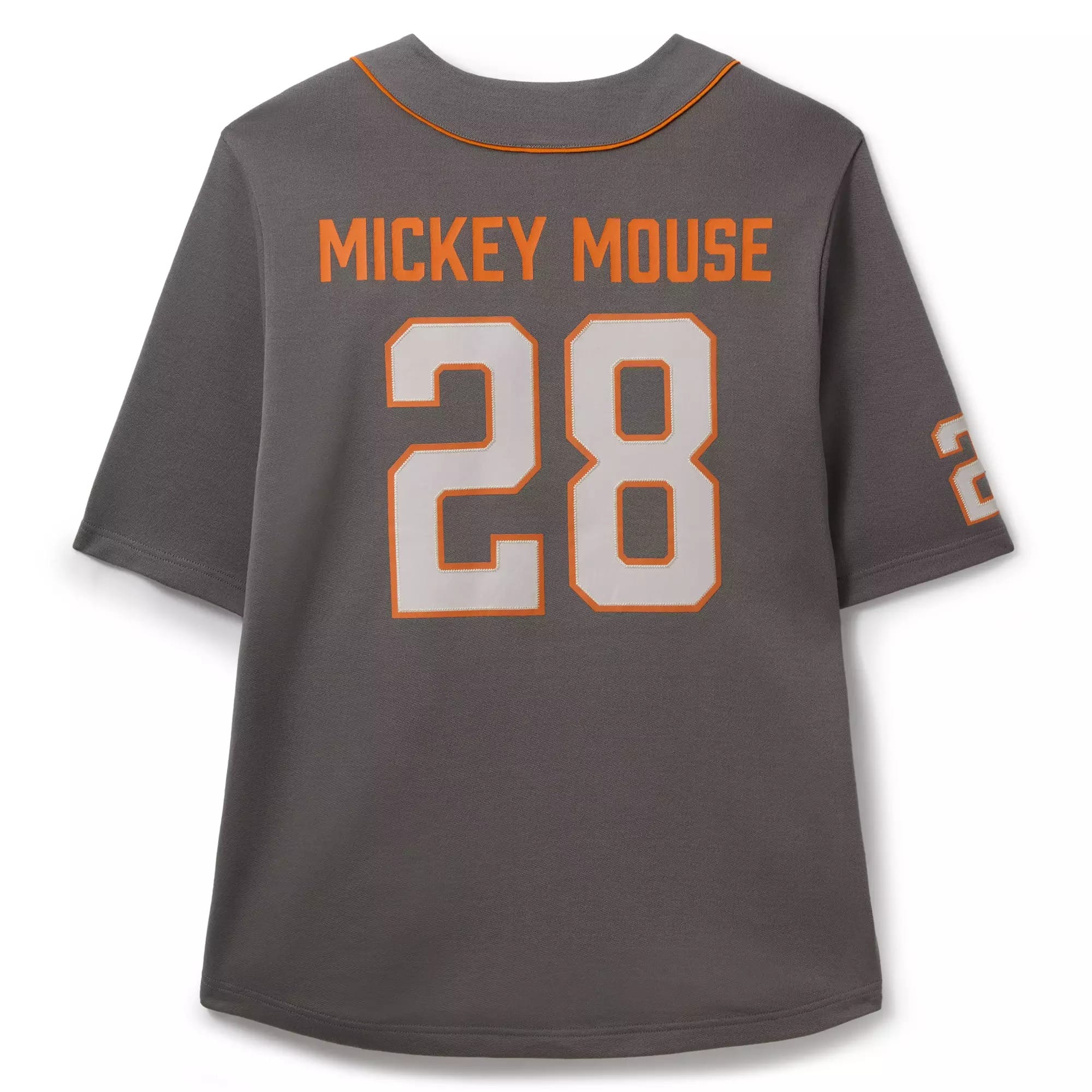 Gray jersey with "Mickey Mouse" and 28 on back—part of the new Disney Store Halloween merchandise 2025 collection.