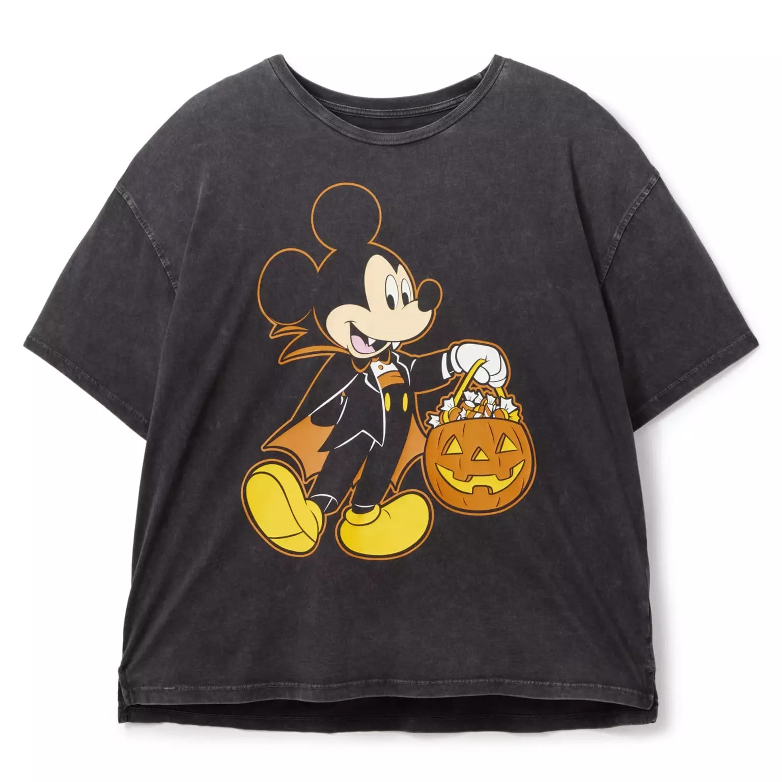 Black T-shirt featuring Mickey Mouse in a vampire costume, part of new Disney Store Halloween merchandise.