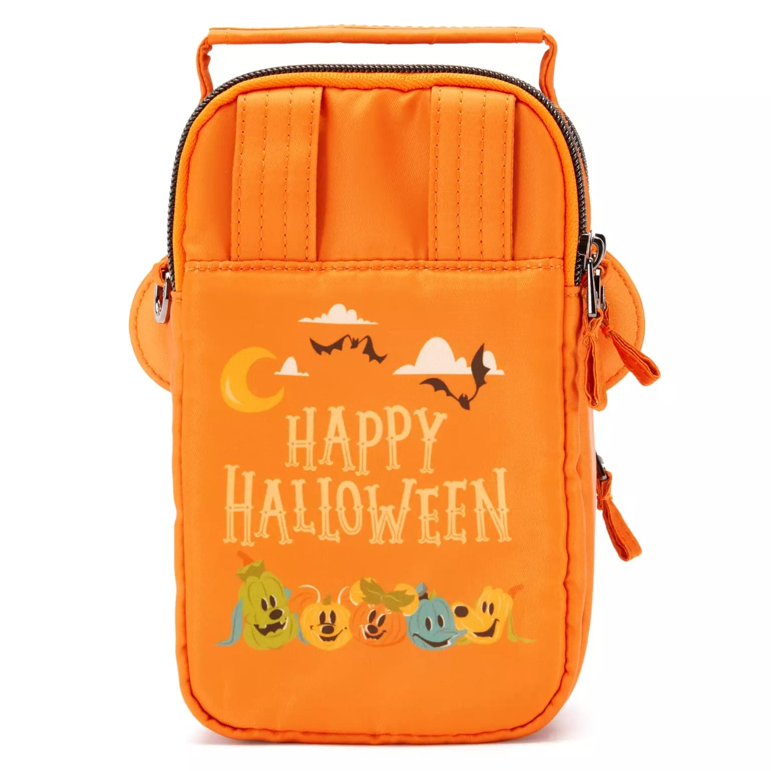 Bright orange bag with "Happy Halloween" text, bats, moon, and pumpkins—part of Disney Store Halloween merchandise.