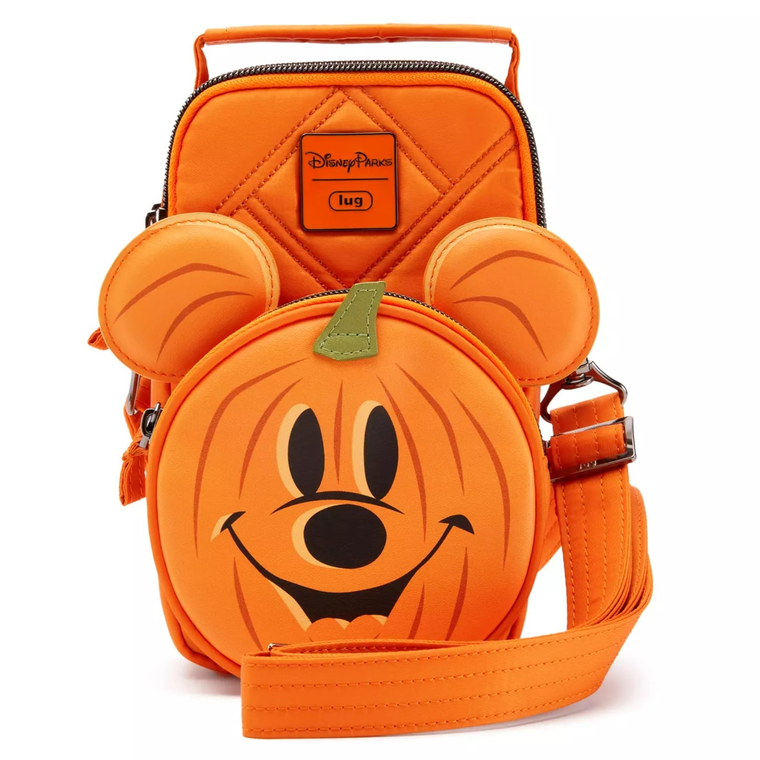Orange Disney Parks Lug bag shaped like a pumpkin with Mickey Mouse face, perfect Halloween merchandise from Disney Store.