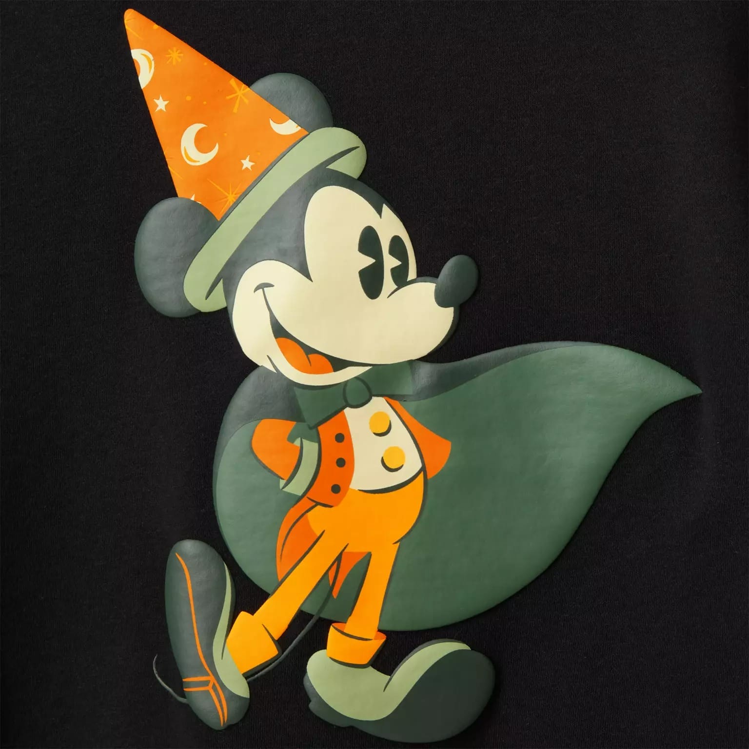 Cartoon mouse in an orange wizard hat and cape, smiling—Disney Store Halloween new merchandise against a black background.