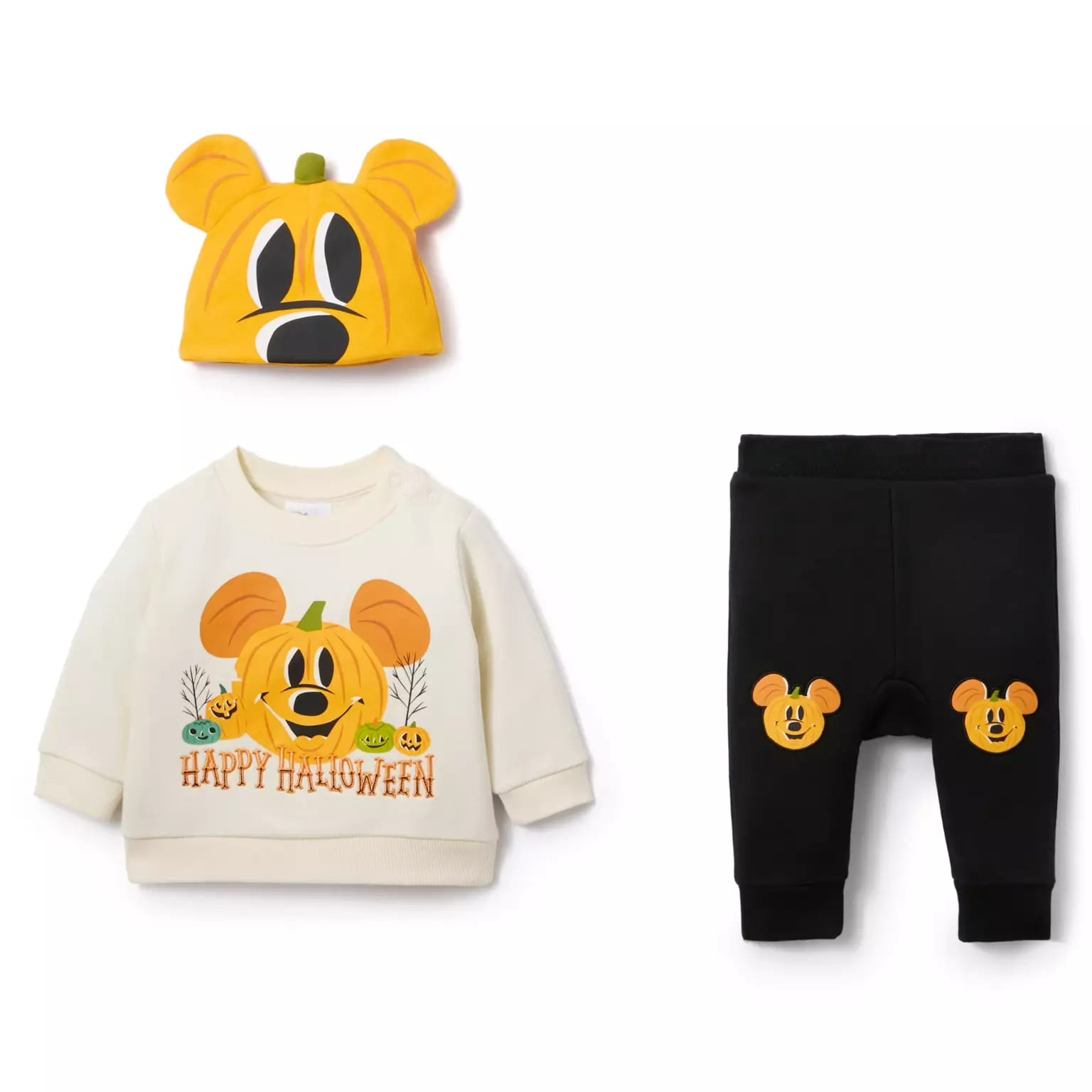 Three-piece Disney Store Halloween merchandise: pumpkin hat, Mickey pumpkin sweater, and black pants with Mickey faces.