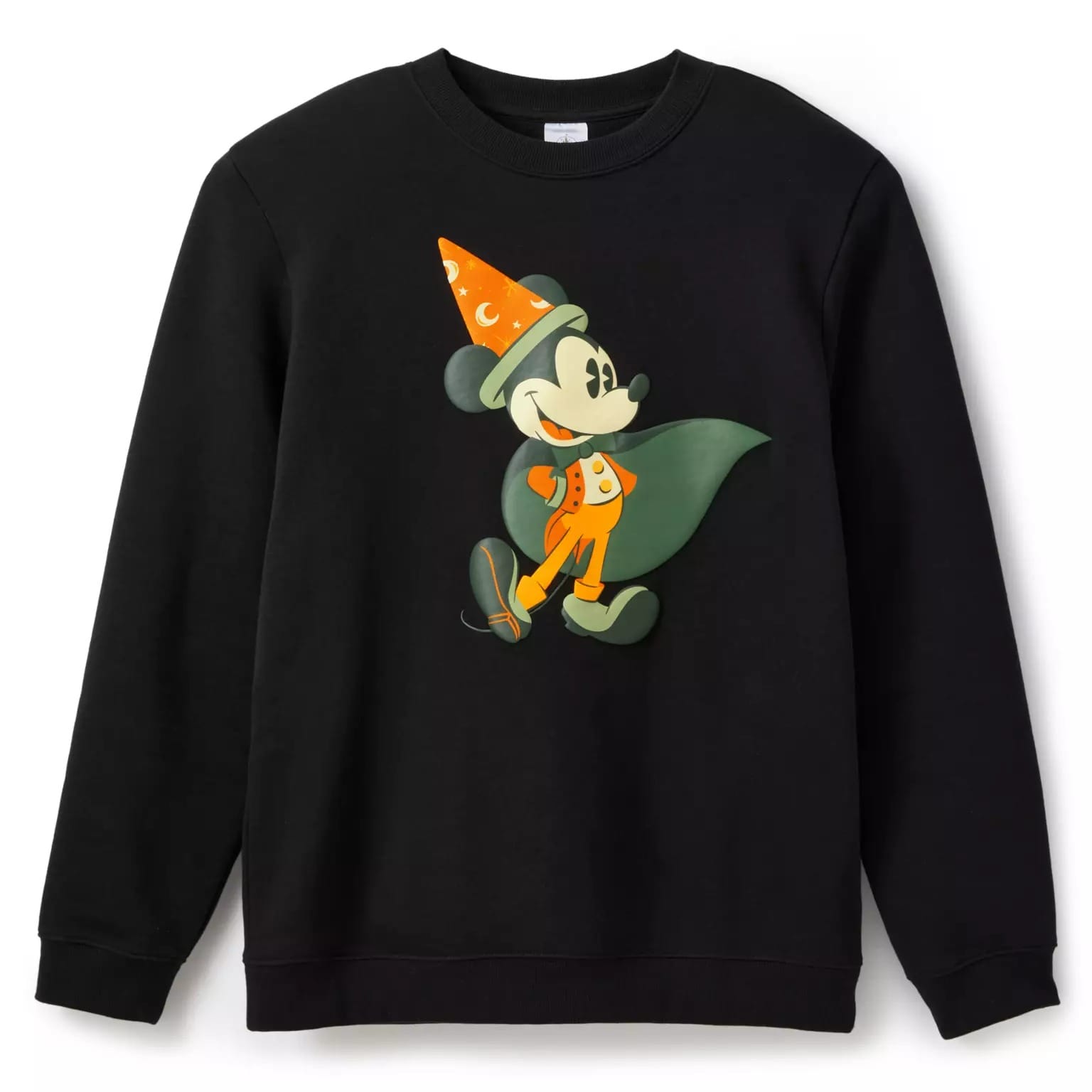 Black sweatshirt featuring Mickey Mouse in a wizard costume perfect Disney Halloween merch 2025 for your collection.