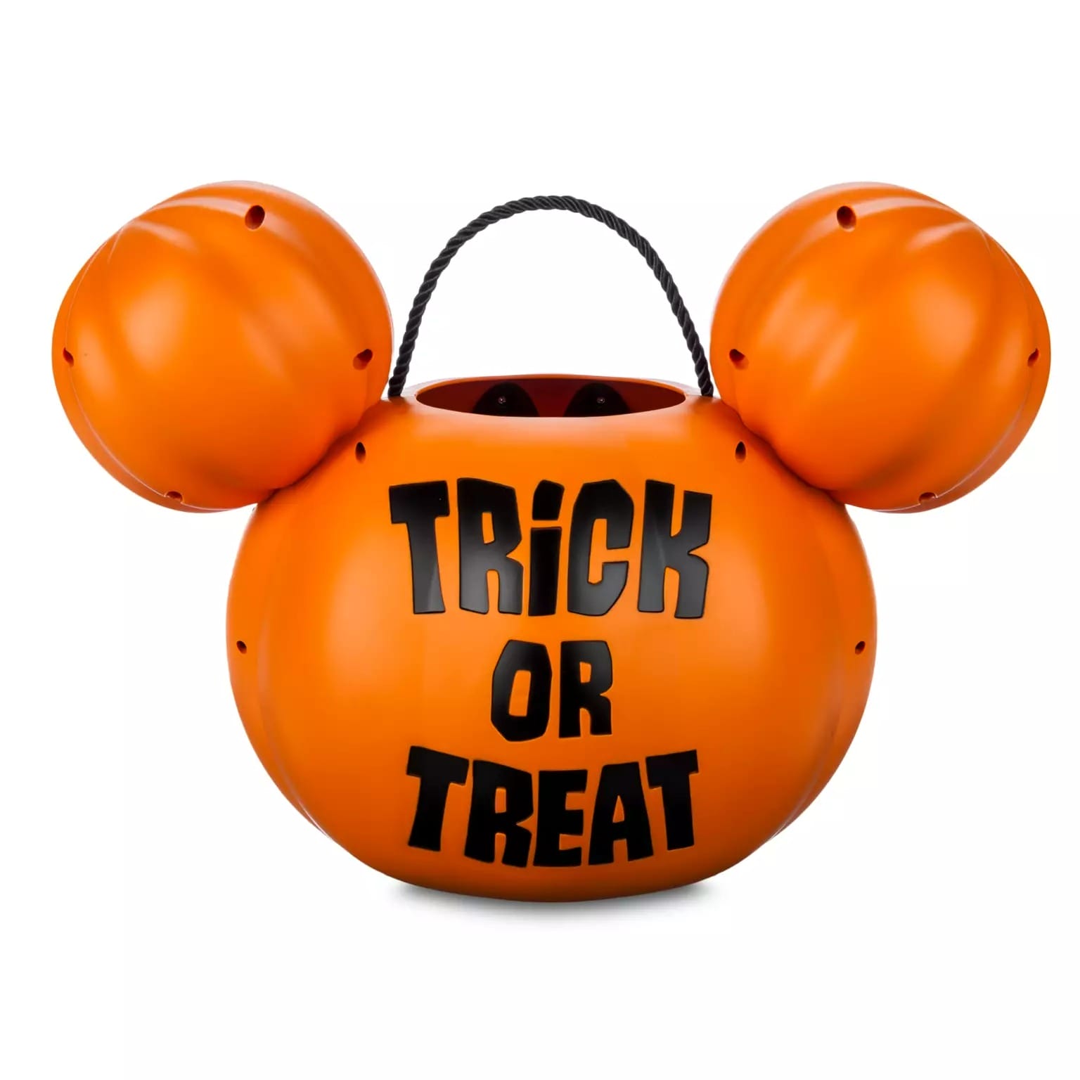 An orange Mickey Mouse pumpkin bucket from Disney Store Halloween Merchandise with "Trick or Treat" and a black handle.