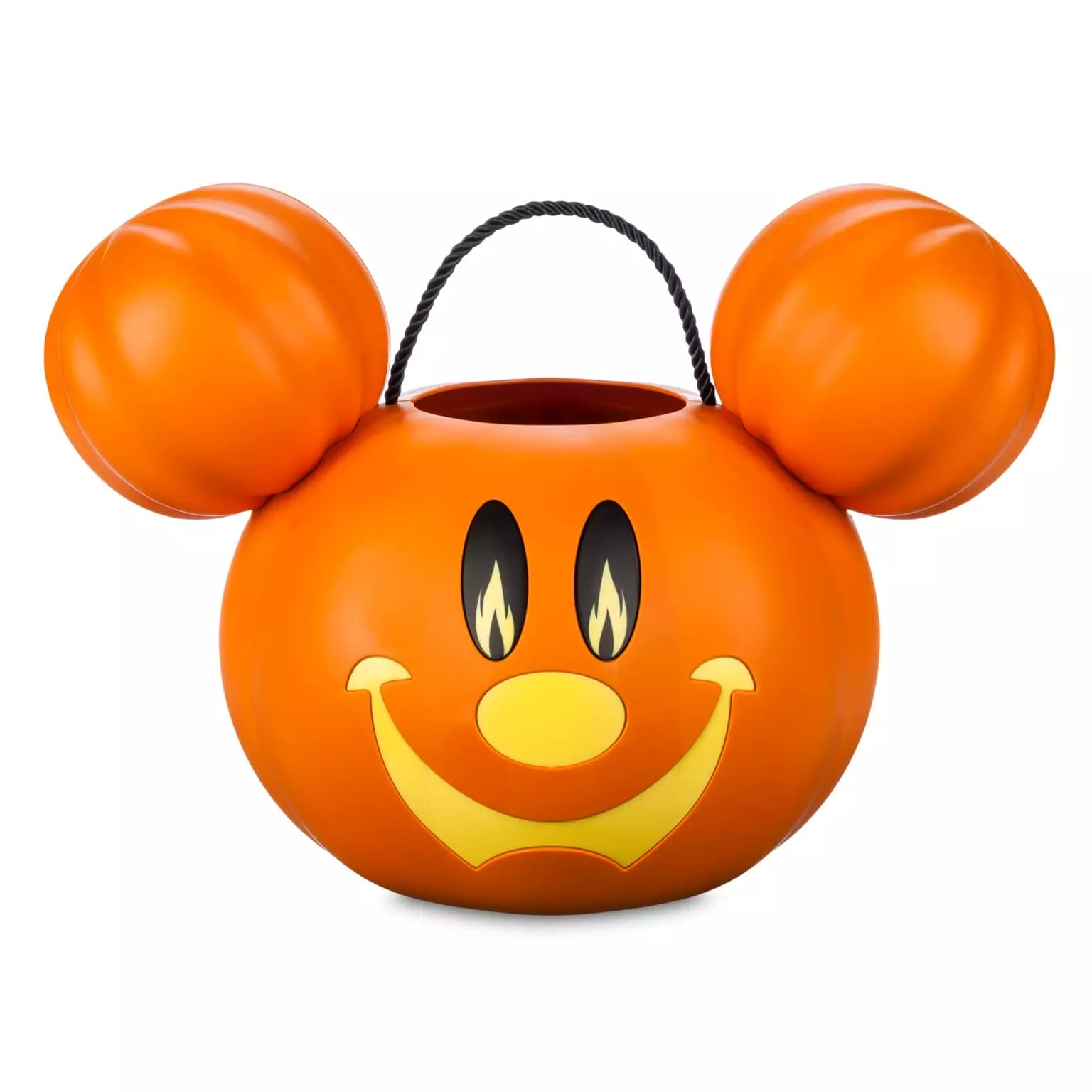 Orange pumpkin-shaped bucket with Mickey Mouse ears, part of new Disney Store Halloween merchandise, black handle on top.