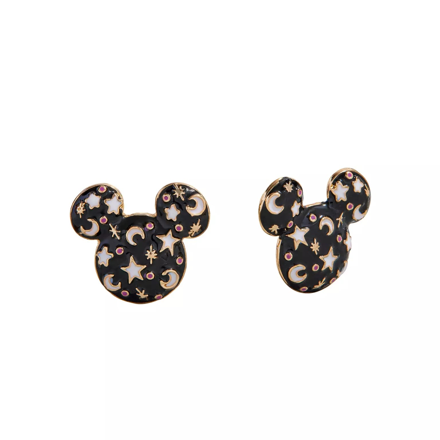 Black and gold Mickey Mouse earrings with star, moon, and sun—a sparkling new Disney Store Halloween merchandise find.