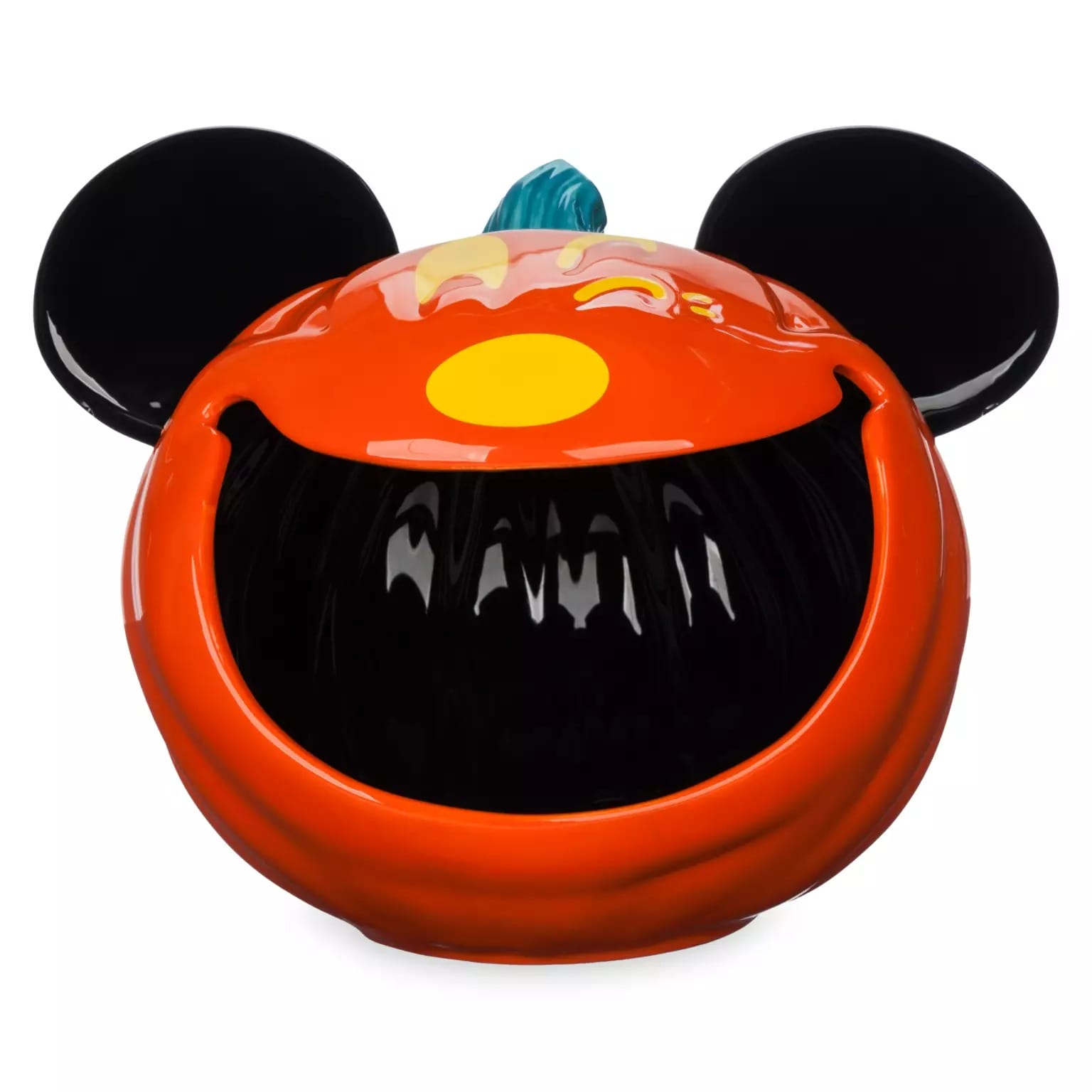 Ceramic pumpkin bowl shaped like Mickey Mouse, part of Disney Store Halloween merchandise for holding treats.