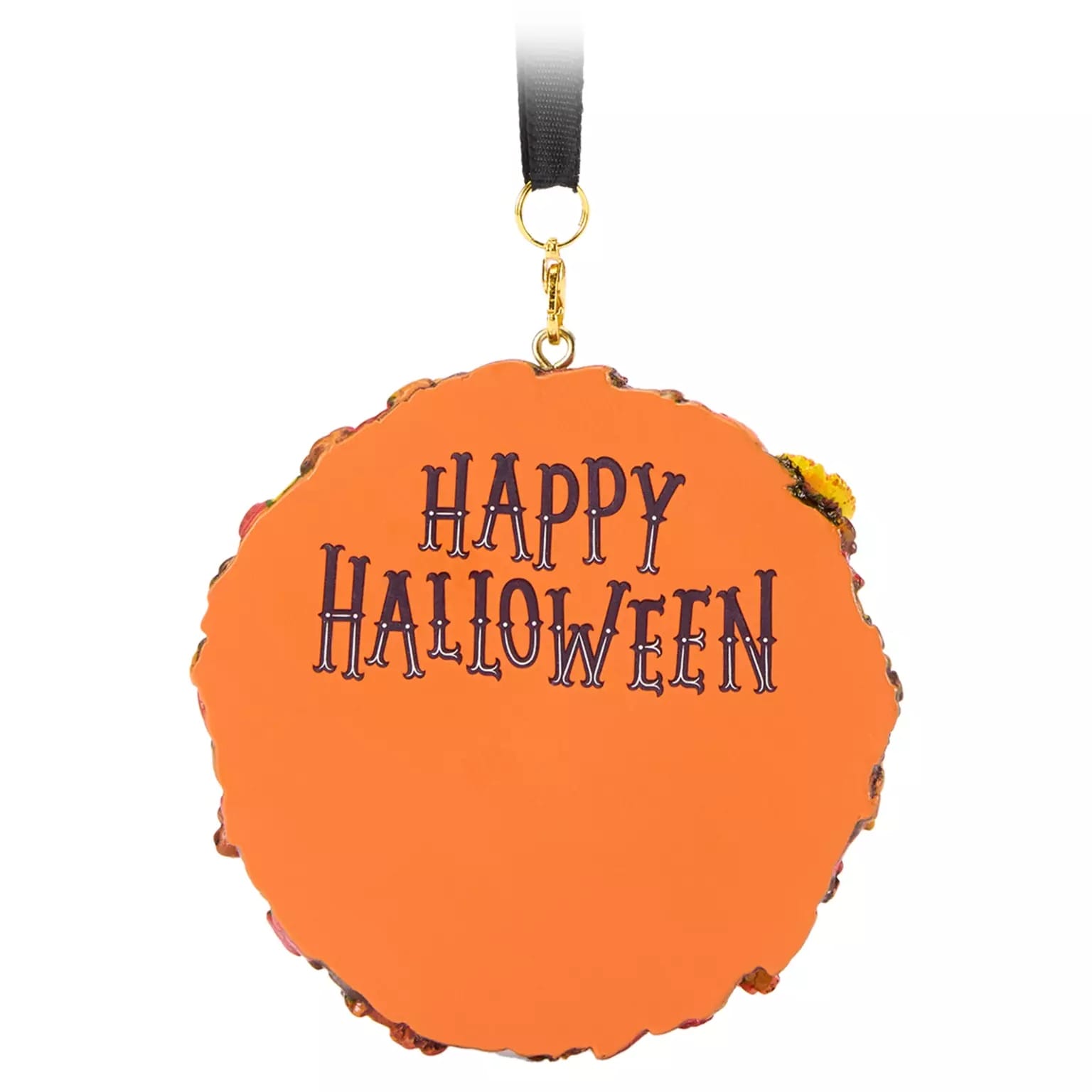 Round orange ornament with "Happy Halloween" text, black ribbon—part of new Disney Store Halloween merchandise.